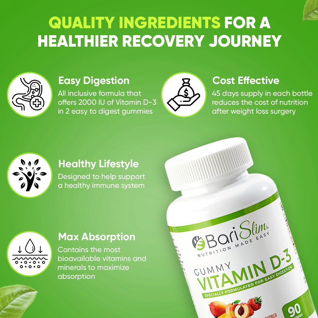 BariSlim Bariatric Vitamin D-3 Gummies - Specially Formulated Gummy Vitamin for Patients After Weight Loss Surgery - Easy to Digest and Great Tasting Fruit Flavors | 90 Fruit Chews