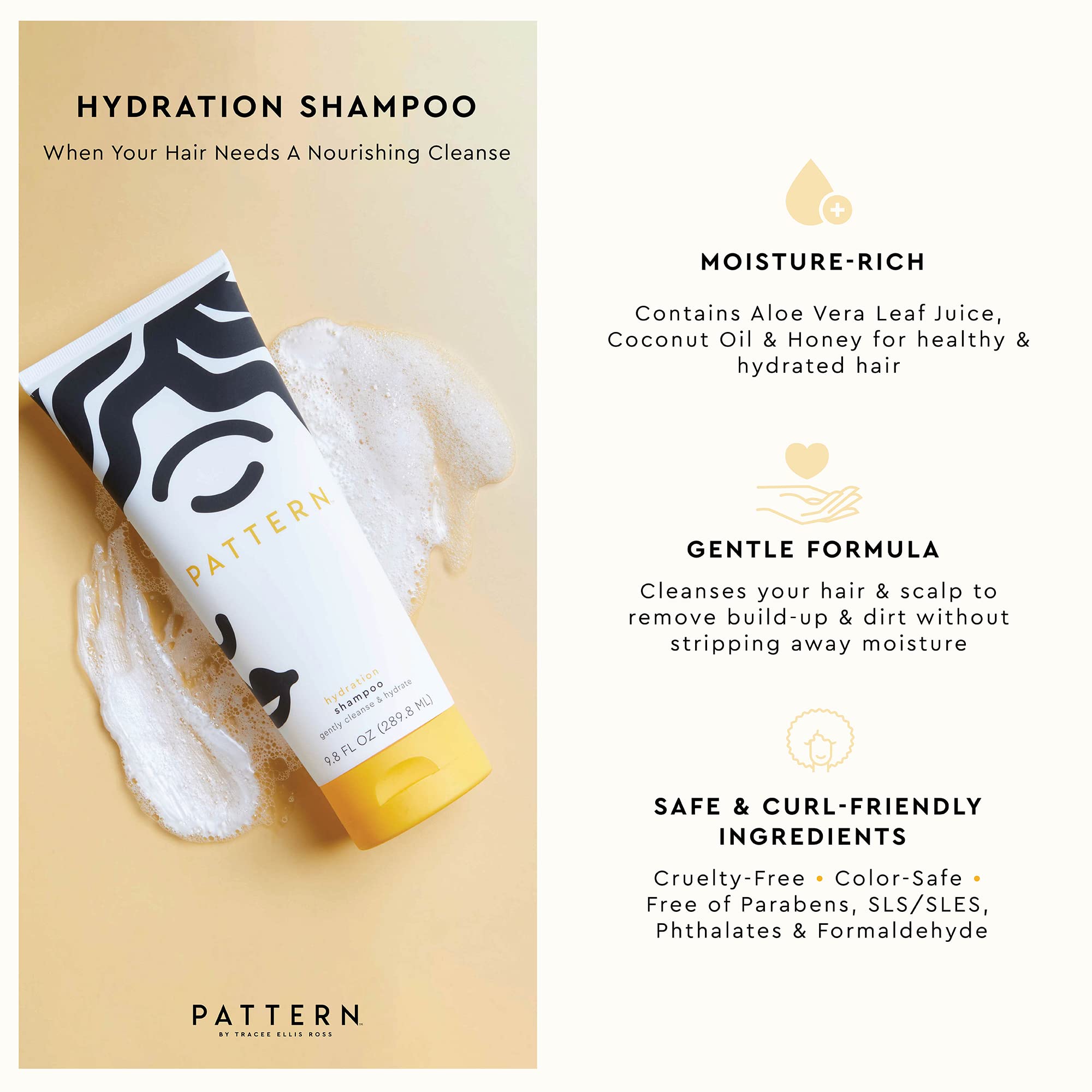 Pattern Hydration Shampoo 9.8 Fl. Oz! Blend Of Aloe Vera Leaf Juice, Coconut Oil & Honey! Creamy And Luxurious Shampoo For Curlies, Coilies & Tight Textures! Gently Cleanses & Hydrates Hair!