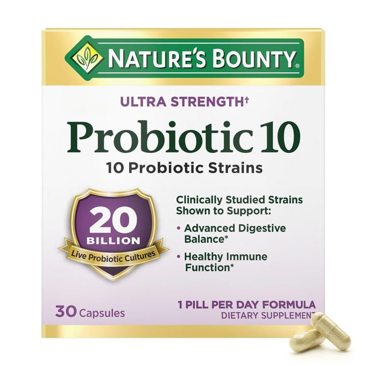 Nature’s Bounty Probiotic 10, Ultra Strength Daily Probiotic Supplement, Support for Digestive, Immune and Upper Respiratory Health, 1 Pack, 30 Capsules