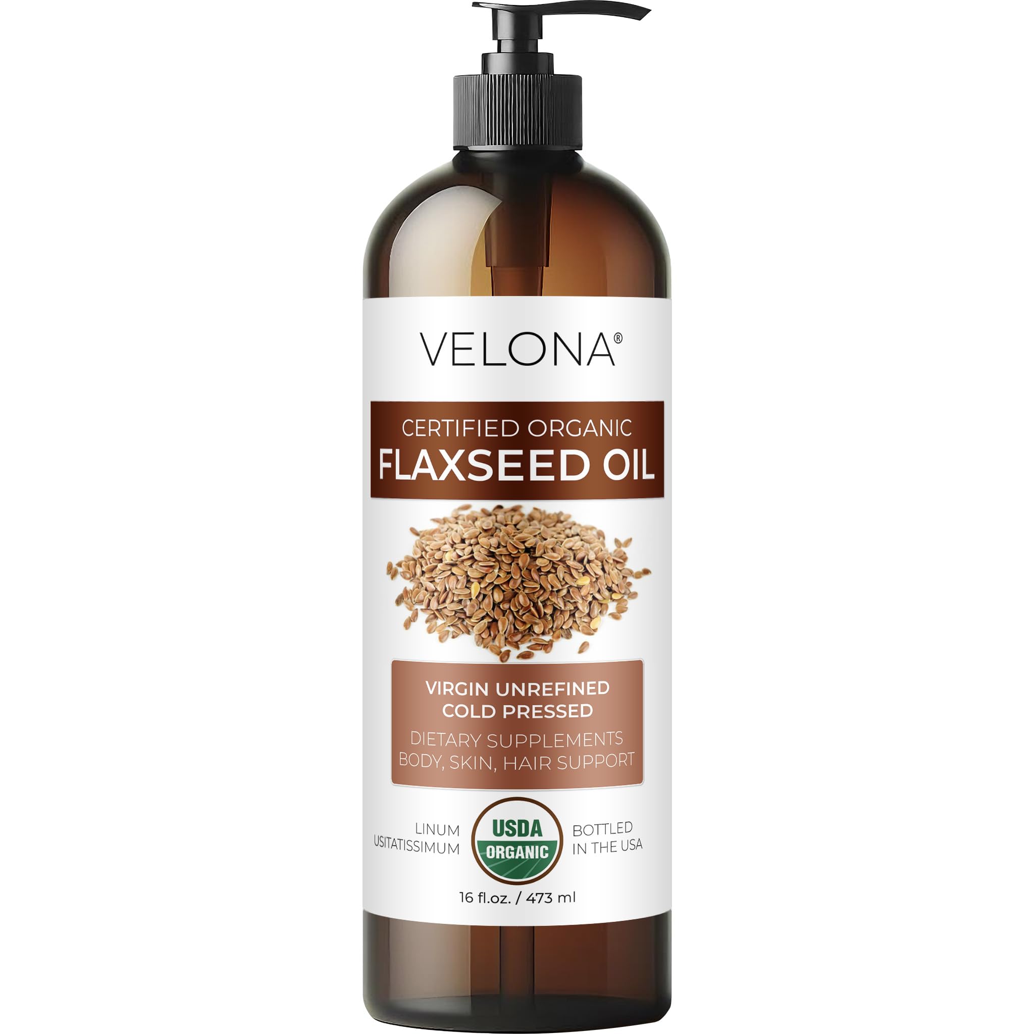velona USDA Certified Organic Flaxseed Oil - 16 fl oz | 100% Pure and Natural Carrier Oil | Unrefined, Cold Pressed | Hair Growth, Body, Face & Skin Care | Use Today - Enjoy Results