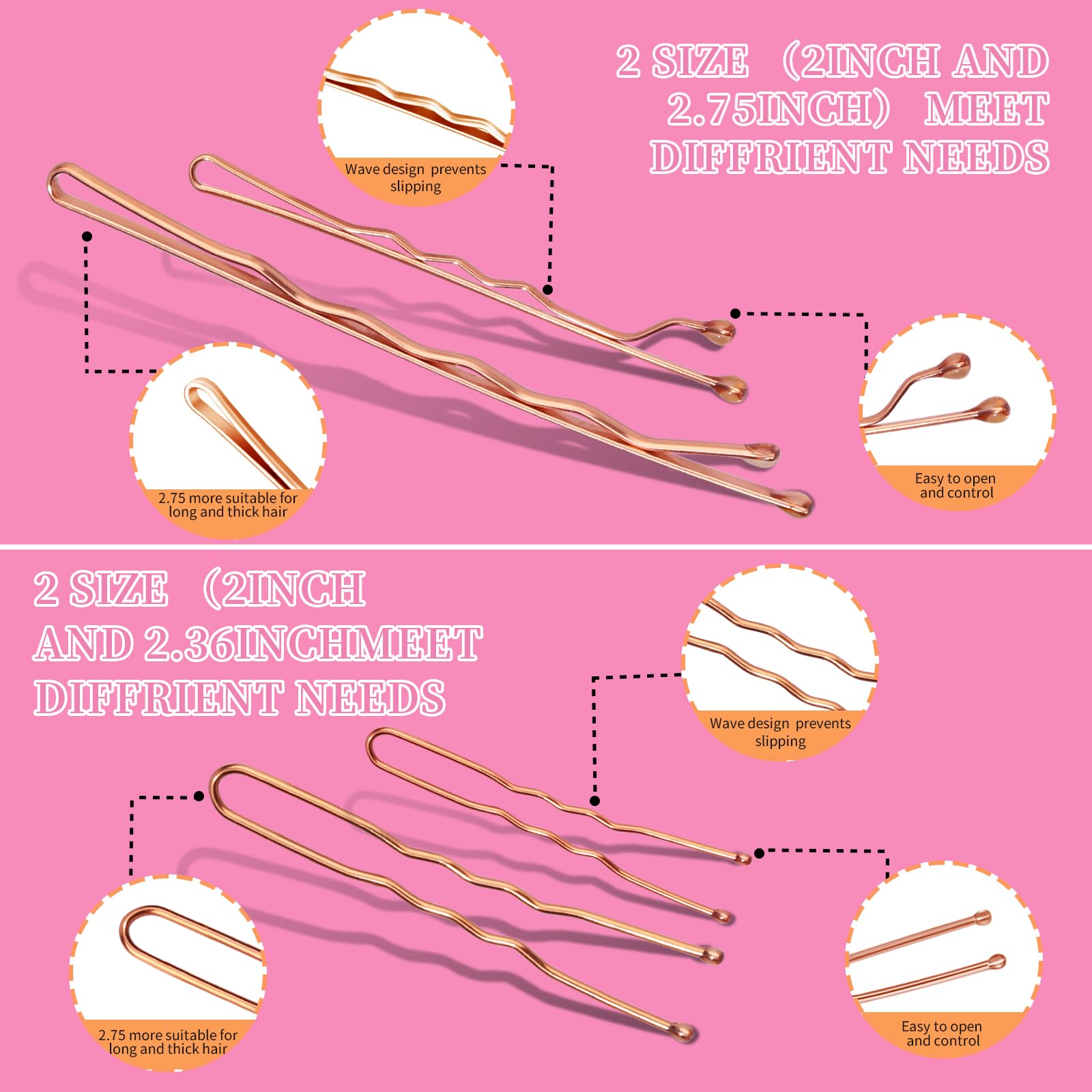 Teenitor 300pcs Bobby Pins Rose Gold Hair, 100 Bobby Pins 100 Hair Pins for Women 100 Hair Bands Kit, Hair Pins for Buns 2 2.36 2.75 Rose Gold