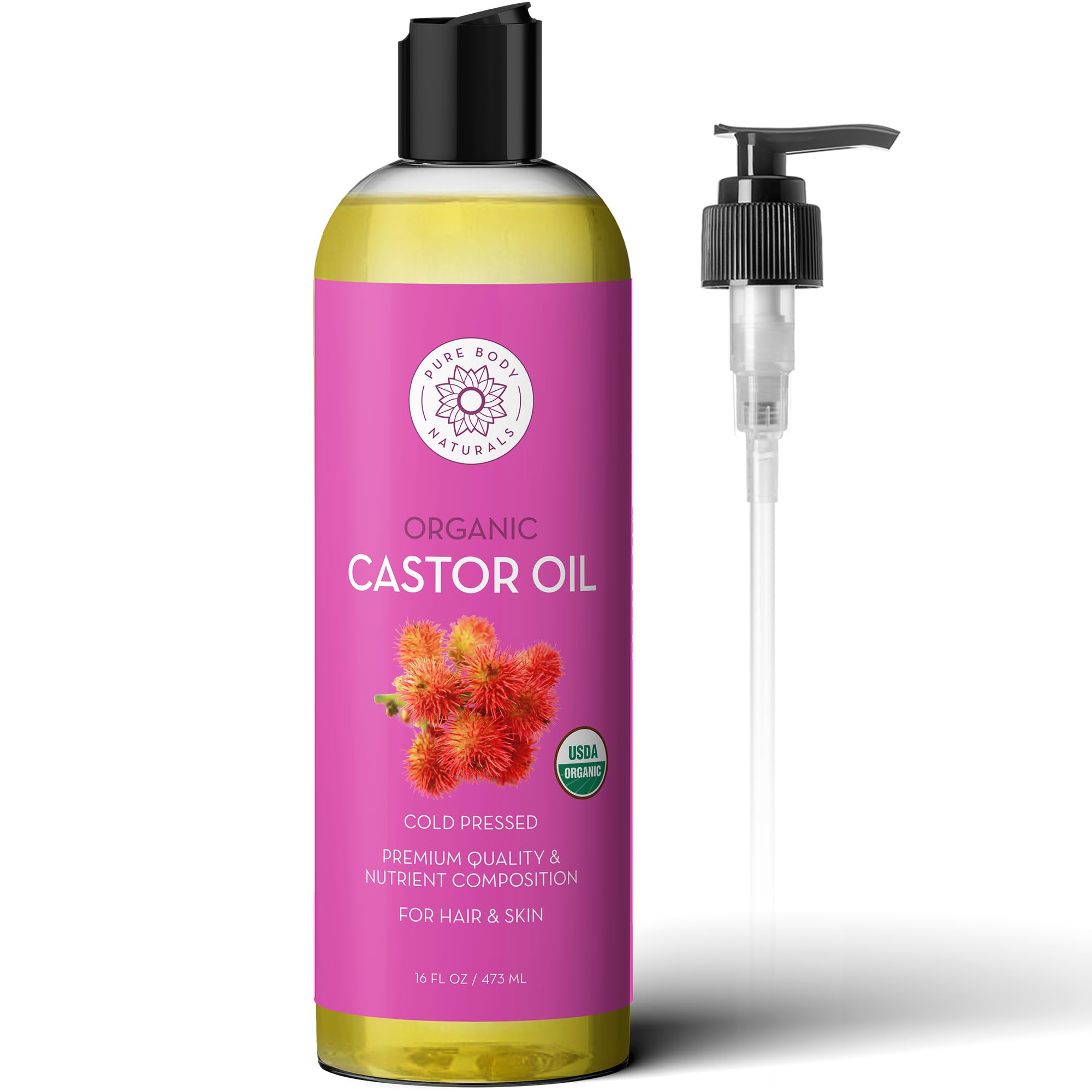 Pure Body Naturals Castor Oil for Face, Hair Growth, Skin, and Body - Cold Pressed Organic Castor Oil Aceite De Ricino Hexane Free Unrefined - 16 fl oz