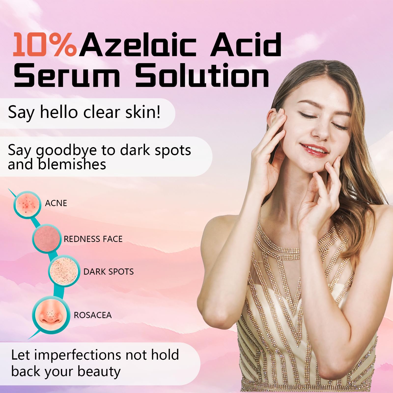 Azelaic Acid Serum Cream 10% Cystic Acne, Rosacea Treatment, Redness Relief, Hormonal Acne, Blemishes, Post-blemish Mark, Pore Refining, Sensitive Friendly Face & Back 1.59Oz
