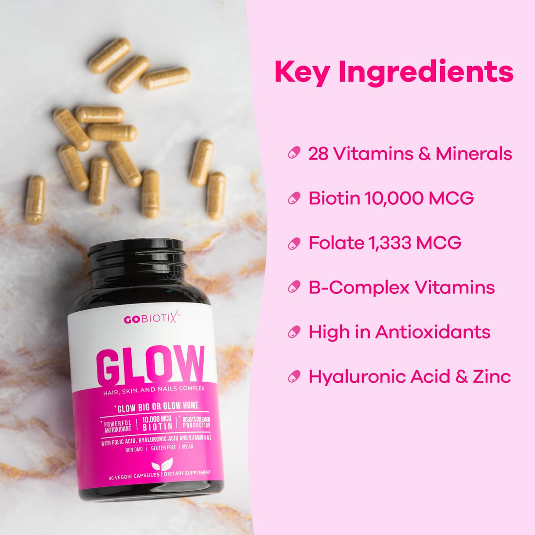 Glow Vitamins - Hair Skin and Nails Multivitamin Supplement - 10,000mcg Biotin Pills with Hyaluronic Acid, Folate, Iron, Magnesium, and Zinc - Boosts Collagen Production, Hair Growth, 90 Capsules