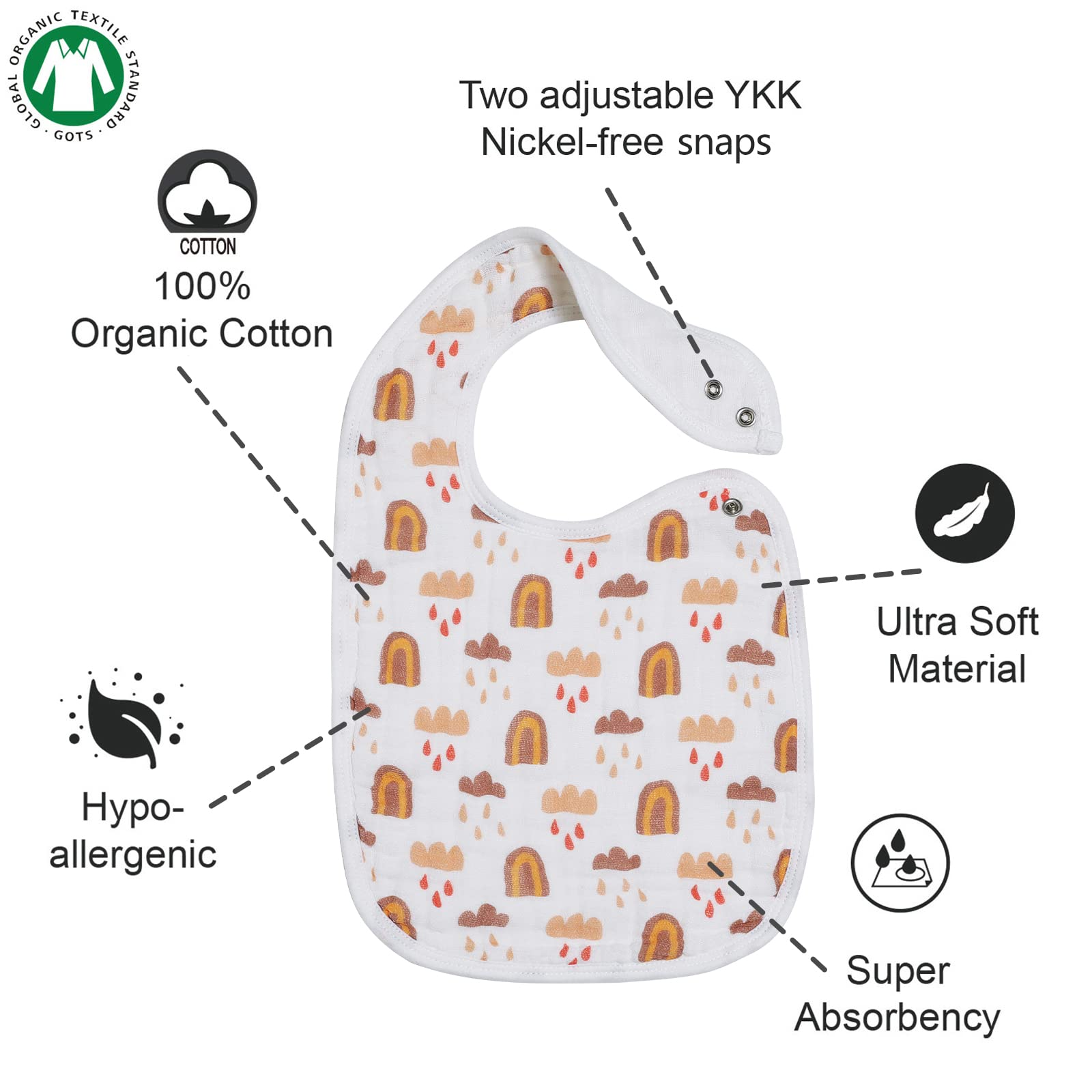 Snap Muslin Bibs for Girls, 3-Pack Baby Bibs for Infants, Newborns and Toddlers, 100% Cotton Muslin Absorbent & Soft Layers, Adjustable Snaps,Rainbow,Cosmos,Clouds