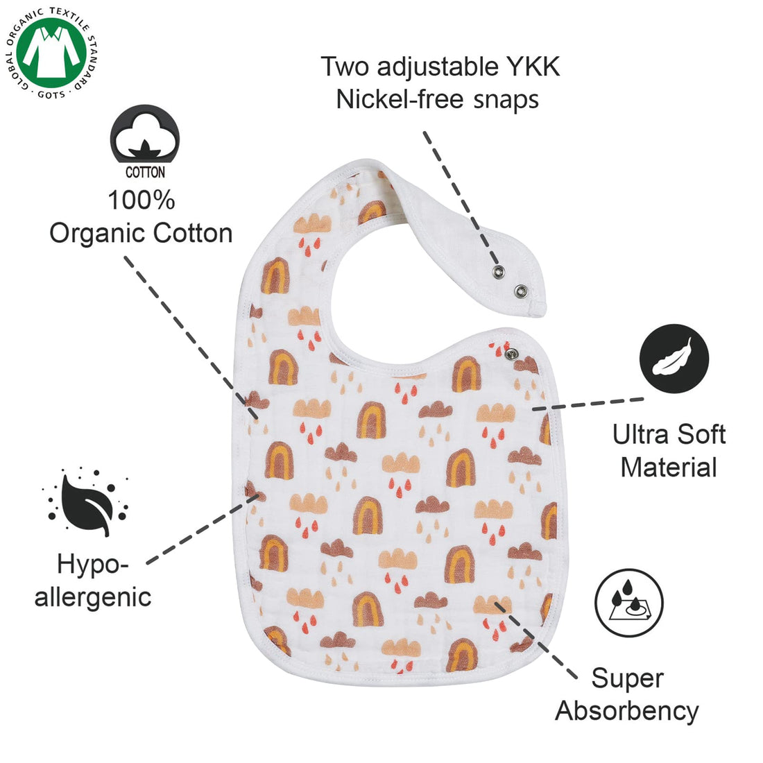 Snap Muslin Bibs for Girls, 3-Pack Baby Bibs for Infants, Newborns and Toddlers, 100% Cotton Muslin Absorbent & Soft Layers, Adjustable Snaps,Rainbow,Cosmos,Clouds