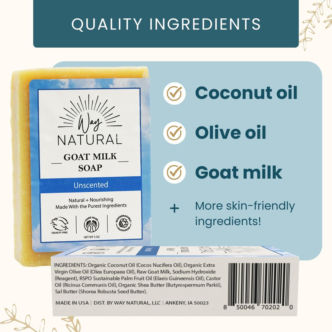 Way Natural Goat Milk Soap Bar - Unscented Bar Soap for Men, Women & Kids - Natural, Handmade w/Real Milk - Dry, Sensitive Skin, Hands/Body - Premium, Gentle, No Dyes - (1, Large, 5oz)