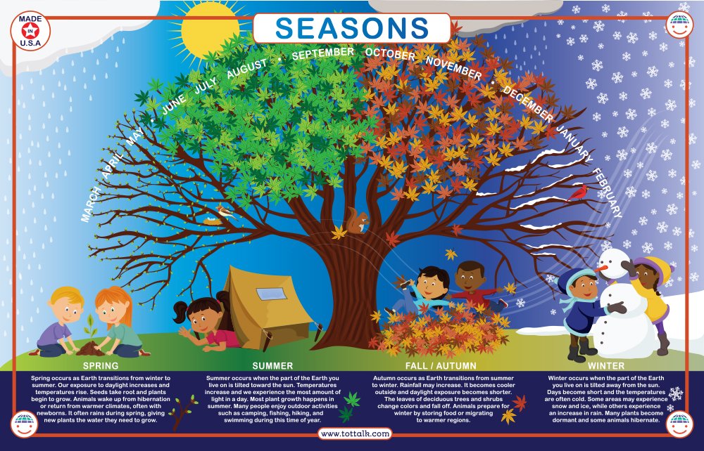 Tot Talk Seasons Educational Placemat for Kids – Made in USA – Durable, Double-Sided, Four Seasons & Scientific Explanations – Waterproof, Wipeable, 17.5” x 11.5”