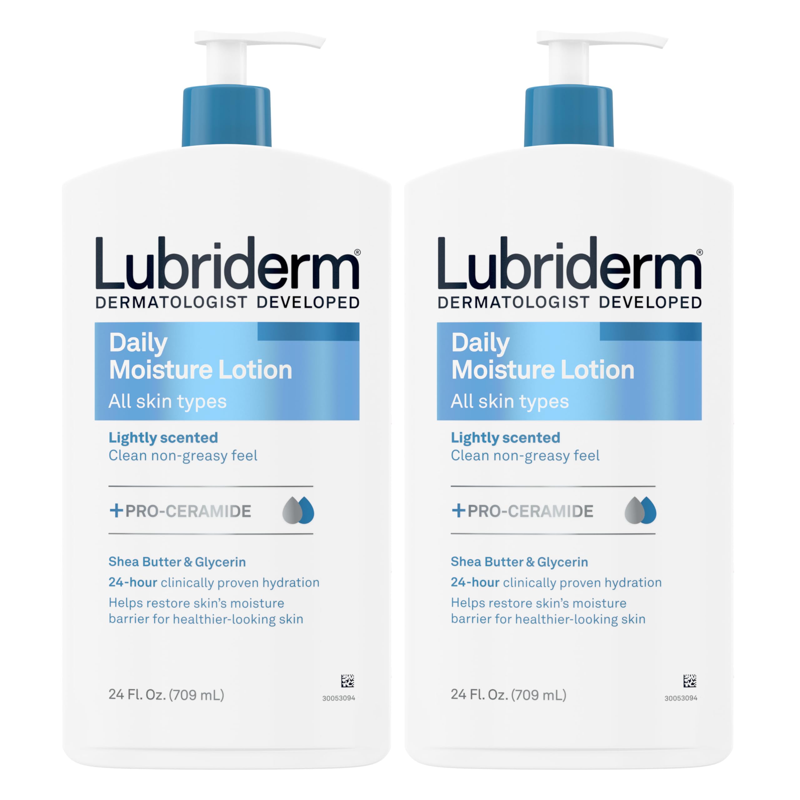 Lubriderm Daily Moisture Lotion + Pro-Ceramide with Shea Butter & Glycerin Helps Moisturize Dry Skin, Hydrating Face, Hand & Body Lotion, Light Scent, Non-Greasy, Twin Pack, 24 fl. oz, 2 Pack