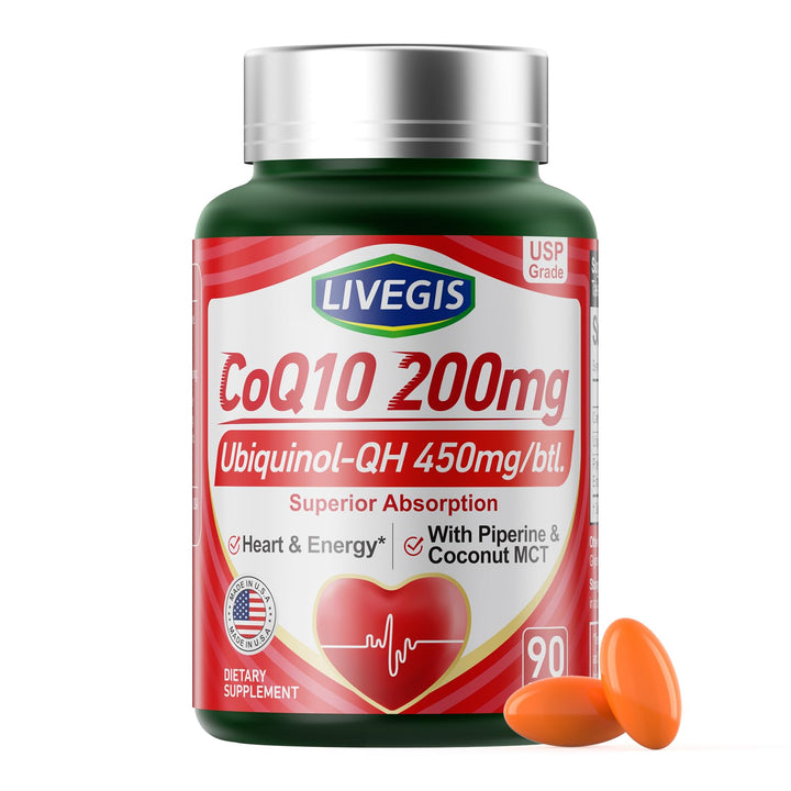 LIVEGIS CoQ10 200mg Softgels, Ultra CoQ10 Ubiquinone 200mgWith Coconut MCT Oil, 5X Superior Absorption, Coenzyme Q10 Supplement for Heart Health & Energy - 90 Counts