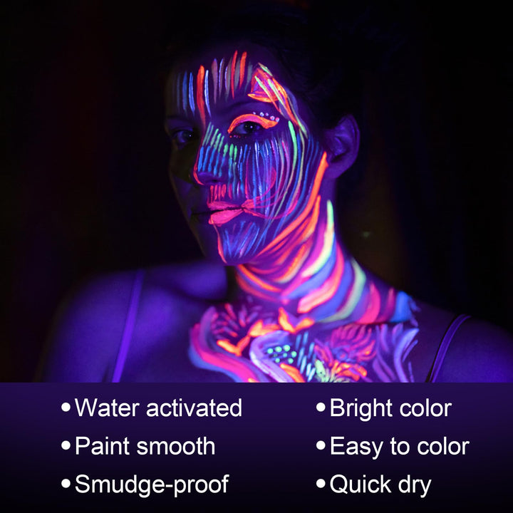 MEICOLY Neon Face Paint,UV Blacklight Glow Face Paint,8 Bright Colors Neon Fluorescent Rave Body Paint Palette,Water Activated Eyeliner,Water Based Glow In The Dark Halloween Washable for Kids Adults