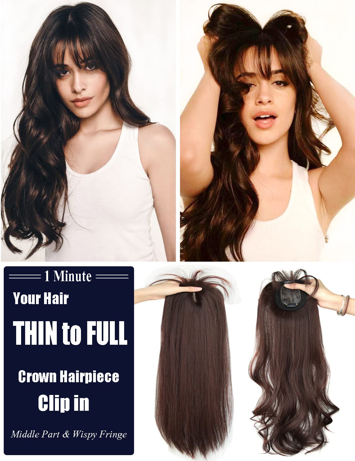 LesafeV 50cm Long Seamless Nature Look Clip in Hairpiece with Side-Fringe Extension Forehead Topper for Women with Thinning Hair Straight Black