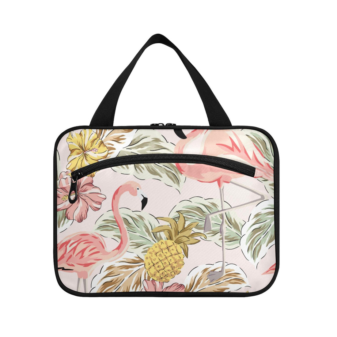 Toiletry Bag Travel Bag with Hanging Hook Tropical Pink Flamingos Pineapples Hibiscus Bouquets Palm Leaves Makeup Cosmetic Bag Travel Organizer Water-resistant for Toiletries Accessories Shampoo Fu