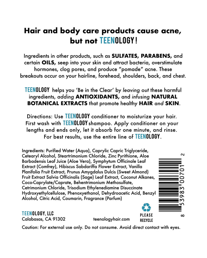 TEENOLOGY Conditioner for Teens - Avoid Forehead Acne and Breakouts - Sulfate and Paraben Free, Noncomedogenic, Natural Botanical Extracts, Vanilla Almond - 16 oz.