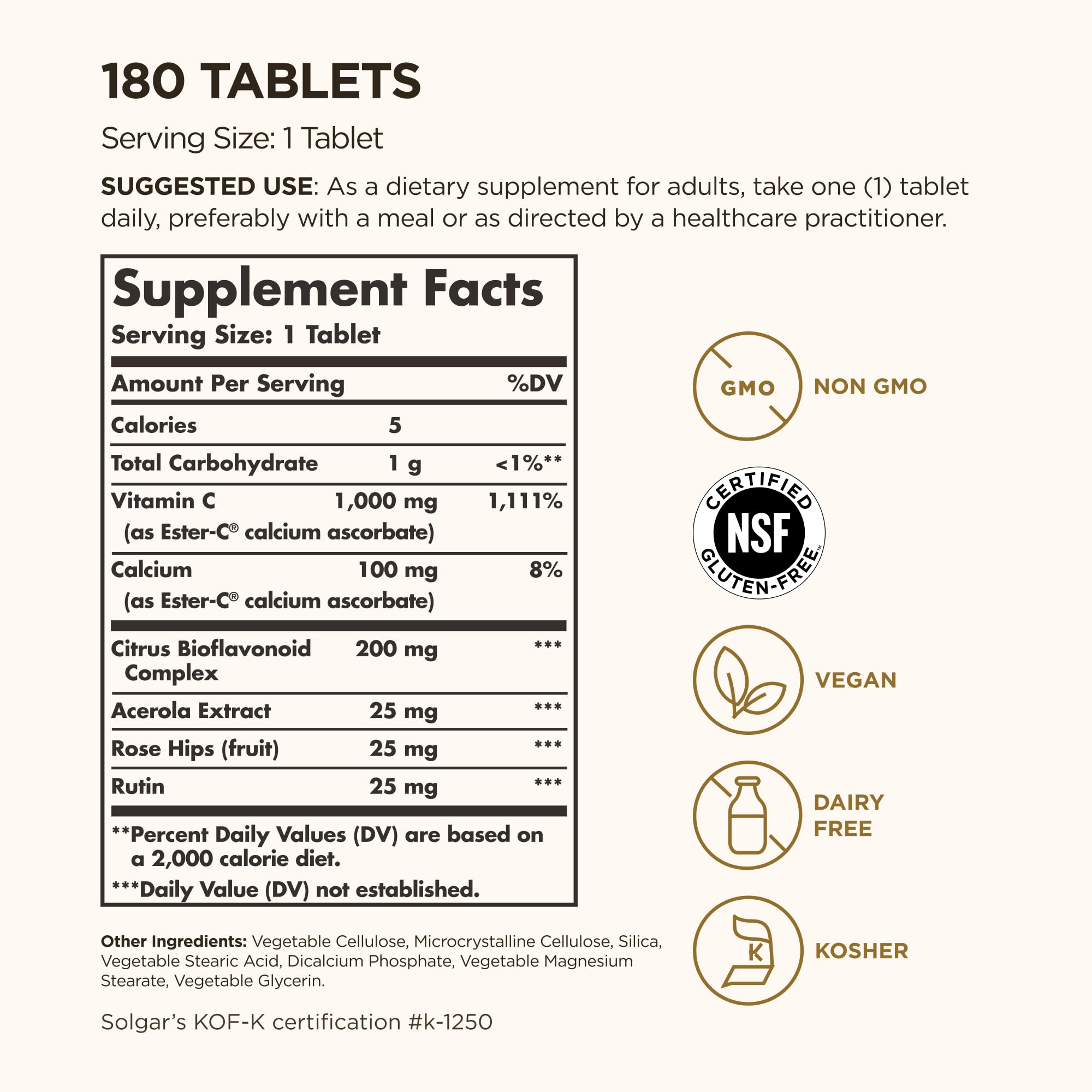 Solgar Ester-C Plus 1000 mg Vitamin C (Ascorbate Complex) - 180 Tablets - Gentle & Non Acidic - Supports Upper Respiratory Health - Non-GMO, Gluten-Free - 180 Servings