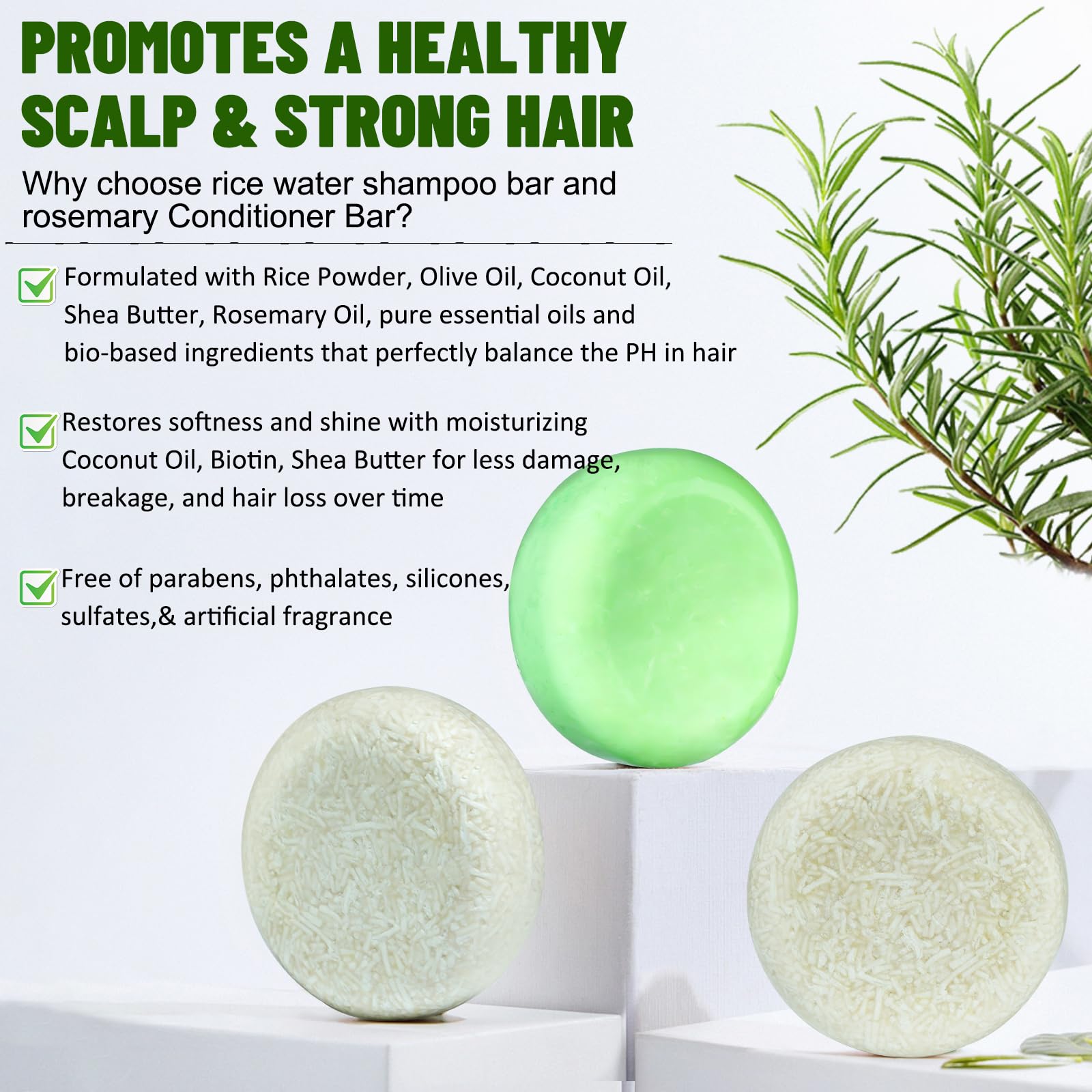 3 PCS Rice Water Shampoo and Rosemary Biotin Conditioner Bar Set for Thinning Hair, Natural Solid Shampoo Soap Bar Oil Control for Men Women Hair Growth Strengthening, Hair Thickening & Regrowth Combo