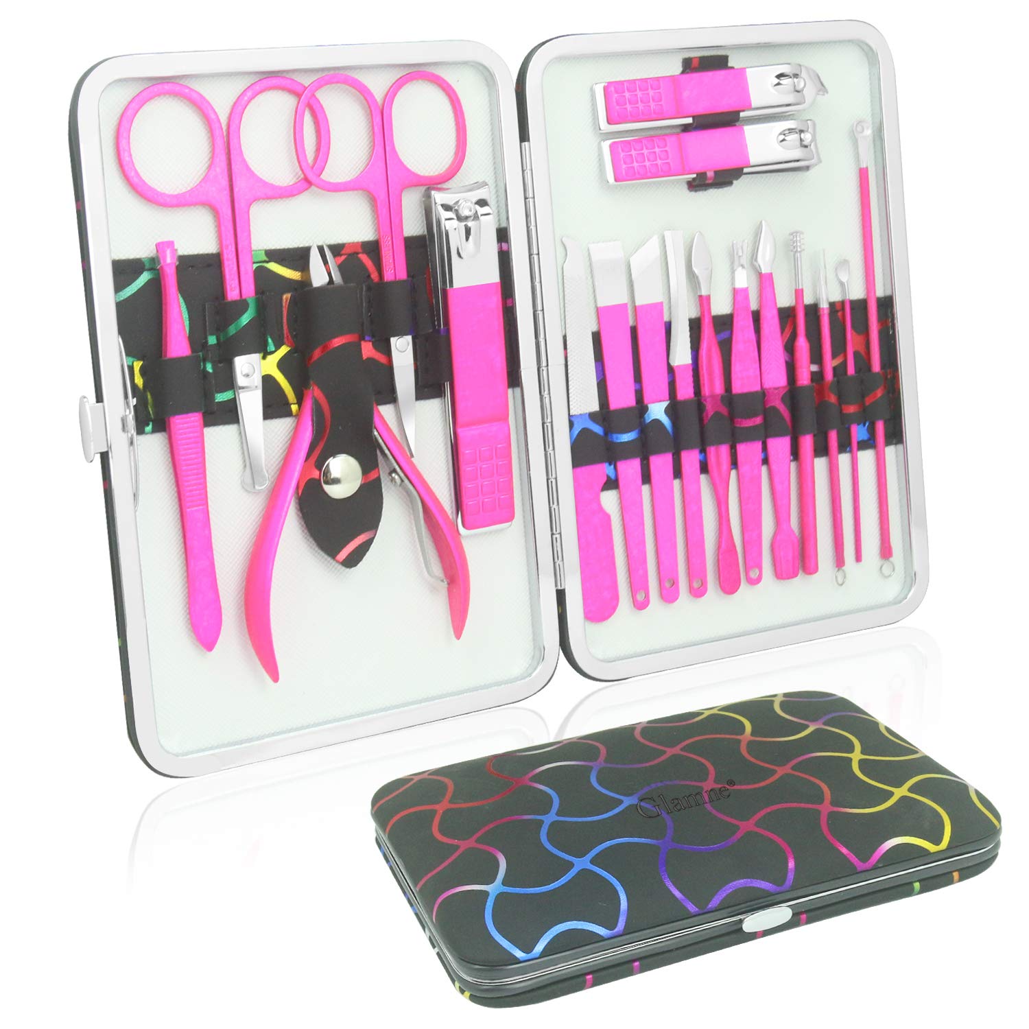 Glamne Manicure Pedicure Set Professional Nail Care Grooming Kitwith Travel Case 18pcs (Shining Rosy)