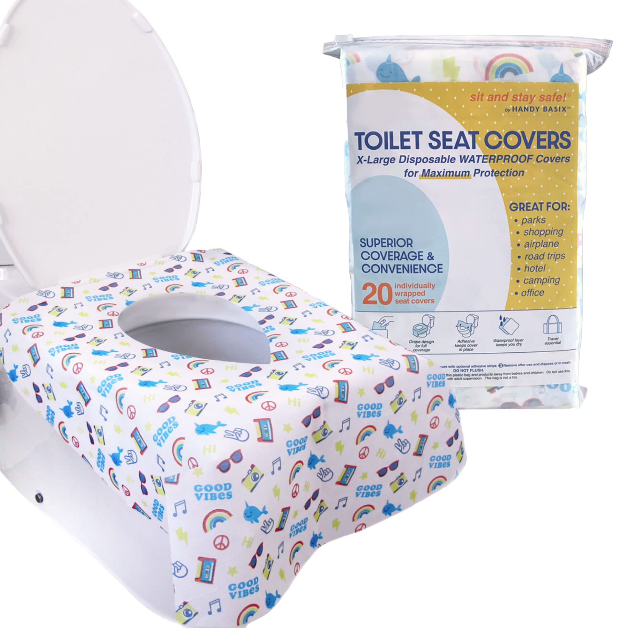 Handy Basix XL Full Coverage Disposable Toilet Seat Covers for Kids, Adults & Potty Training, Waterproof, 20 Pcs - Single Wrapped (Good Vibes)