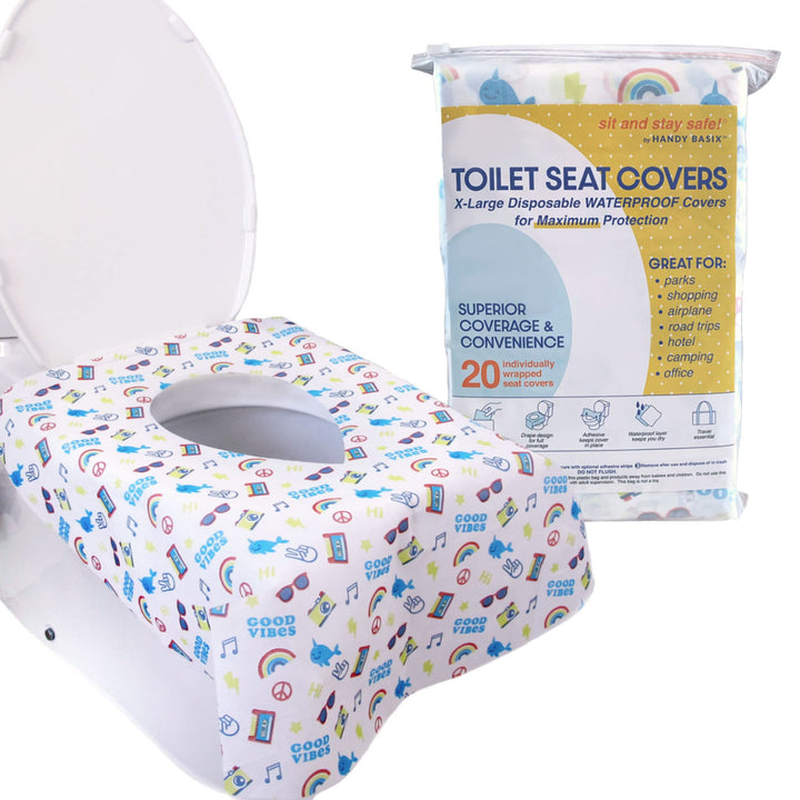 Handy Basix XL Full Coverage Disposable Toilet Seat Covers for Kids, Adults & Potty Training, Waterproof, 20 Pcs - Single Wrapped (Good Vibes)