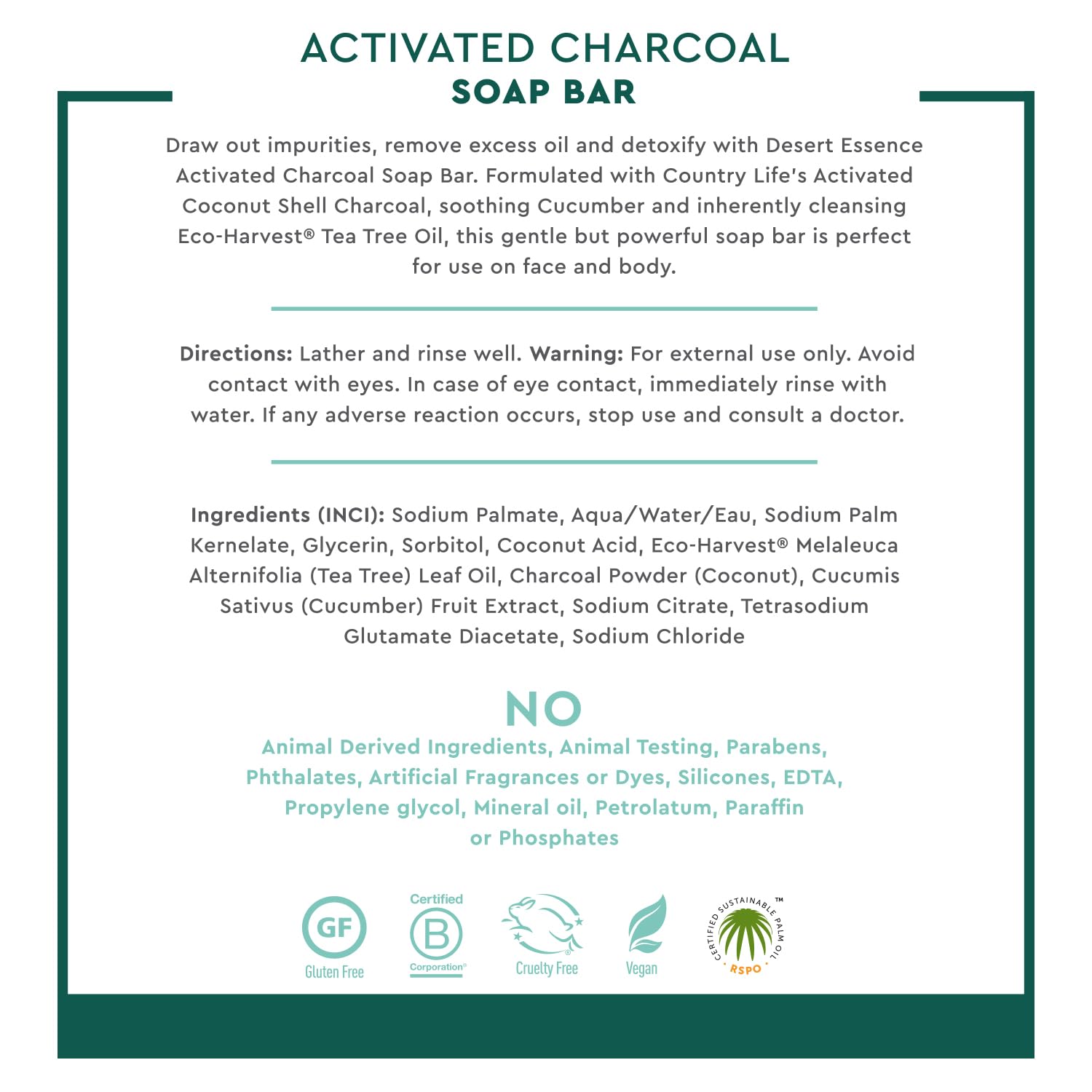 Desert Essence Soap Bar Activated Charcoal - 5 oz - Face & Body - Palm Oil - Detoxify & Moisturize Skin - Remove Excess Oil