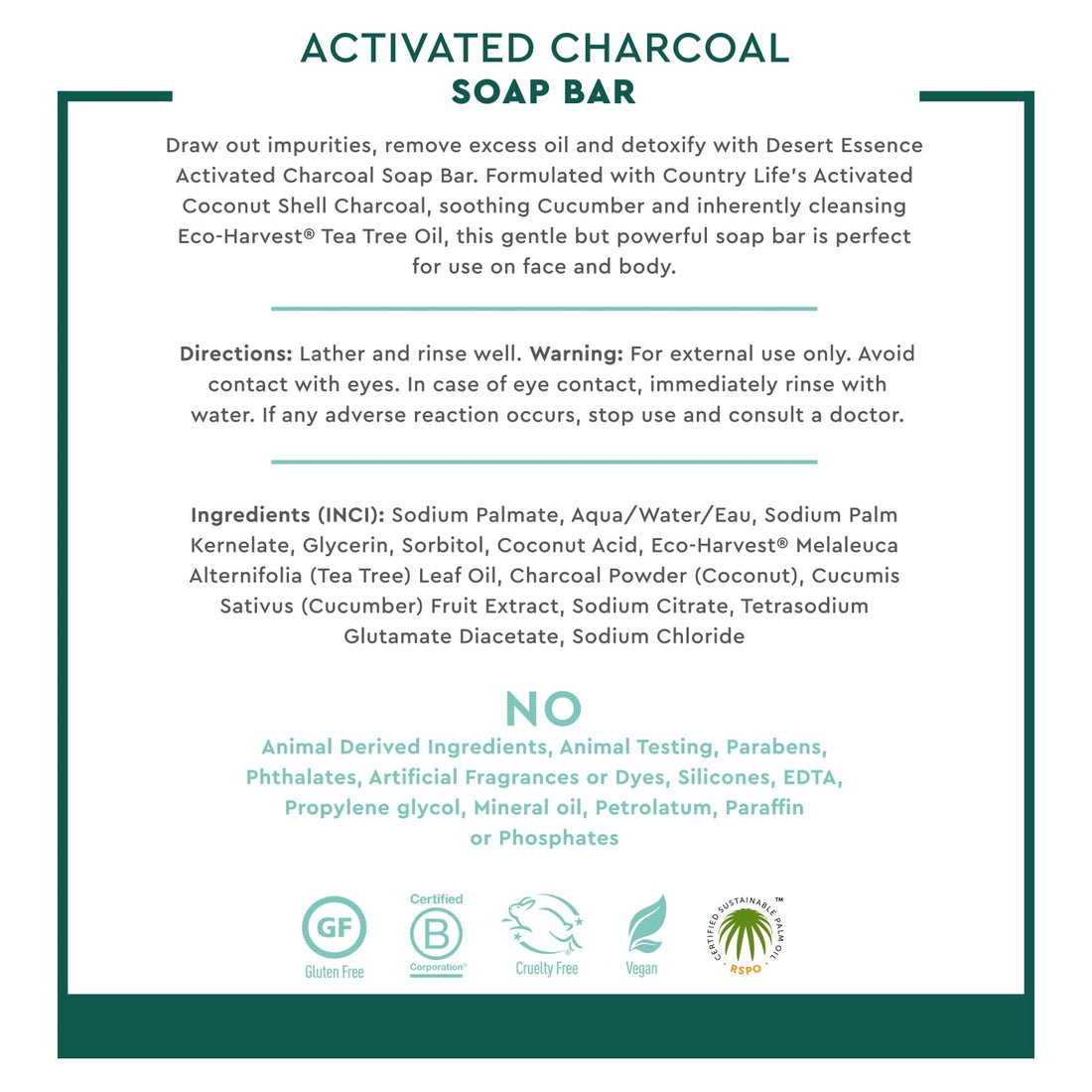 Desert Essence Soap Bar Activated Charcoal - 5 oz - Face & Body - Palm Oil - Detoxify & Moisturize Skin - Remove Excess Oil