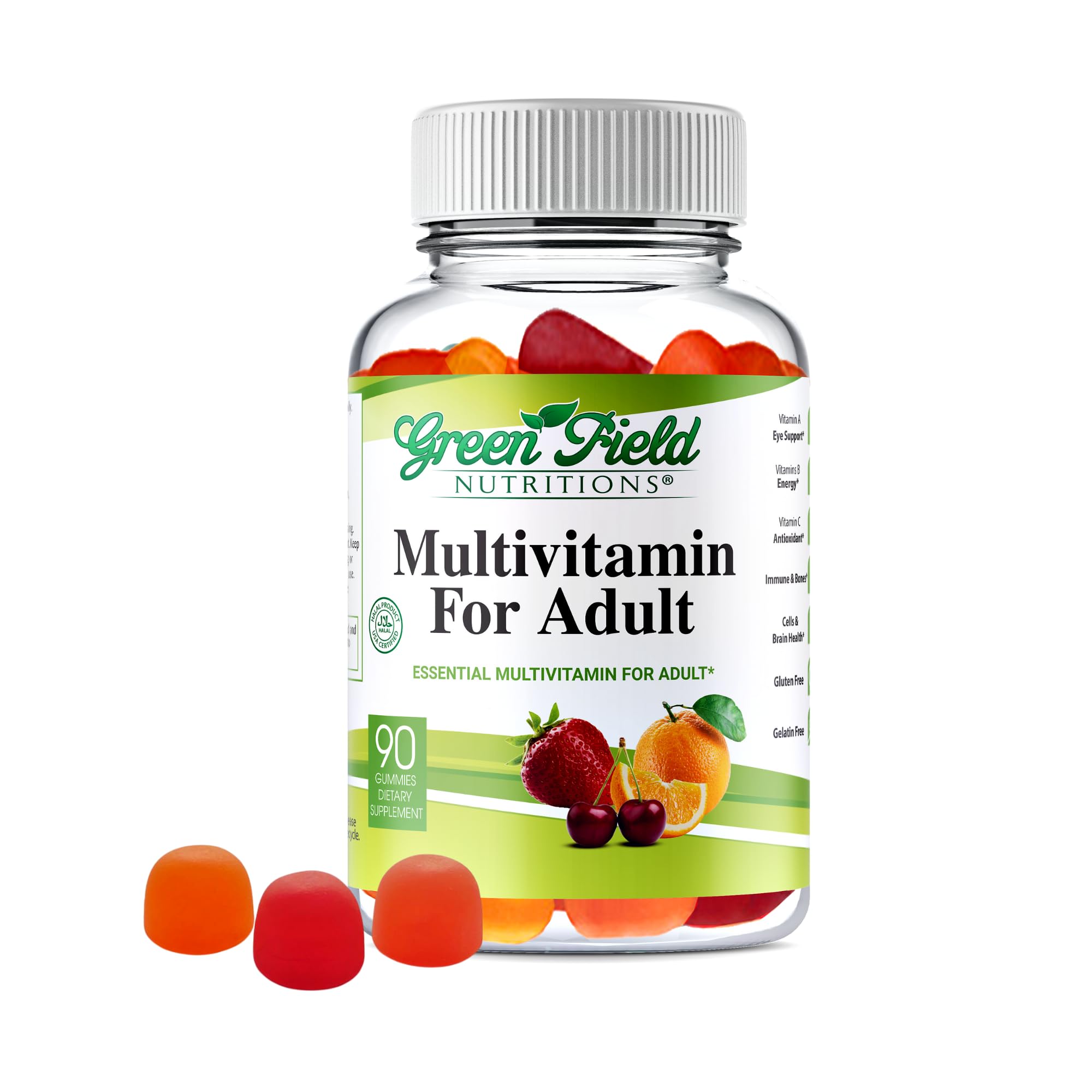 Greenfield Nutritions Halal Multivitamins for Adults | 90 Halal Vitamins for Women & Men | All Essential Gelatin Free Halal Gummy Vitamin, Mineral, Folic Acid, Biotin, Gluten Free, Non-GMO, Vegetarian