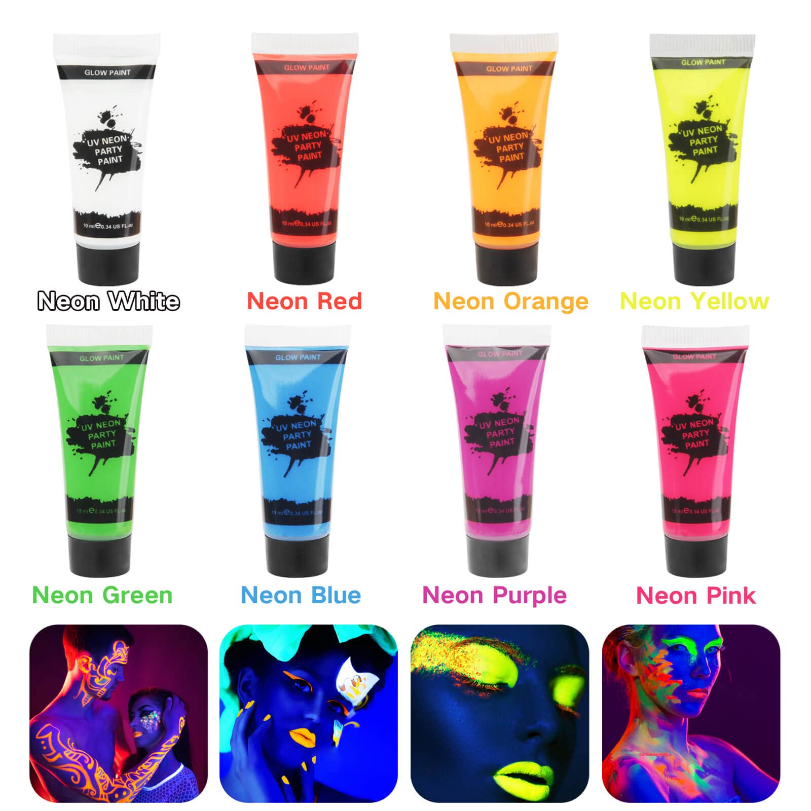 UV Blacklight Neon Face Body Paint, MEICOLY 8 Tubes Blacklight Reactive Paints,Water Based, Washable, Non-Toxic Neon Party Supplies for Halloween,02