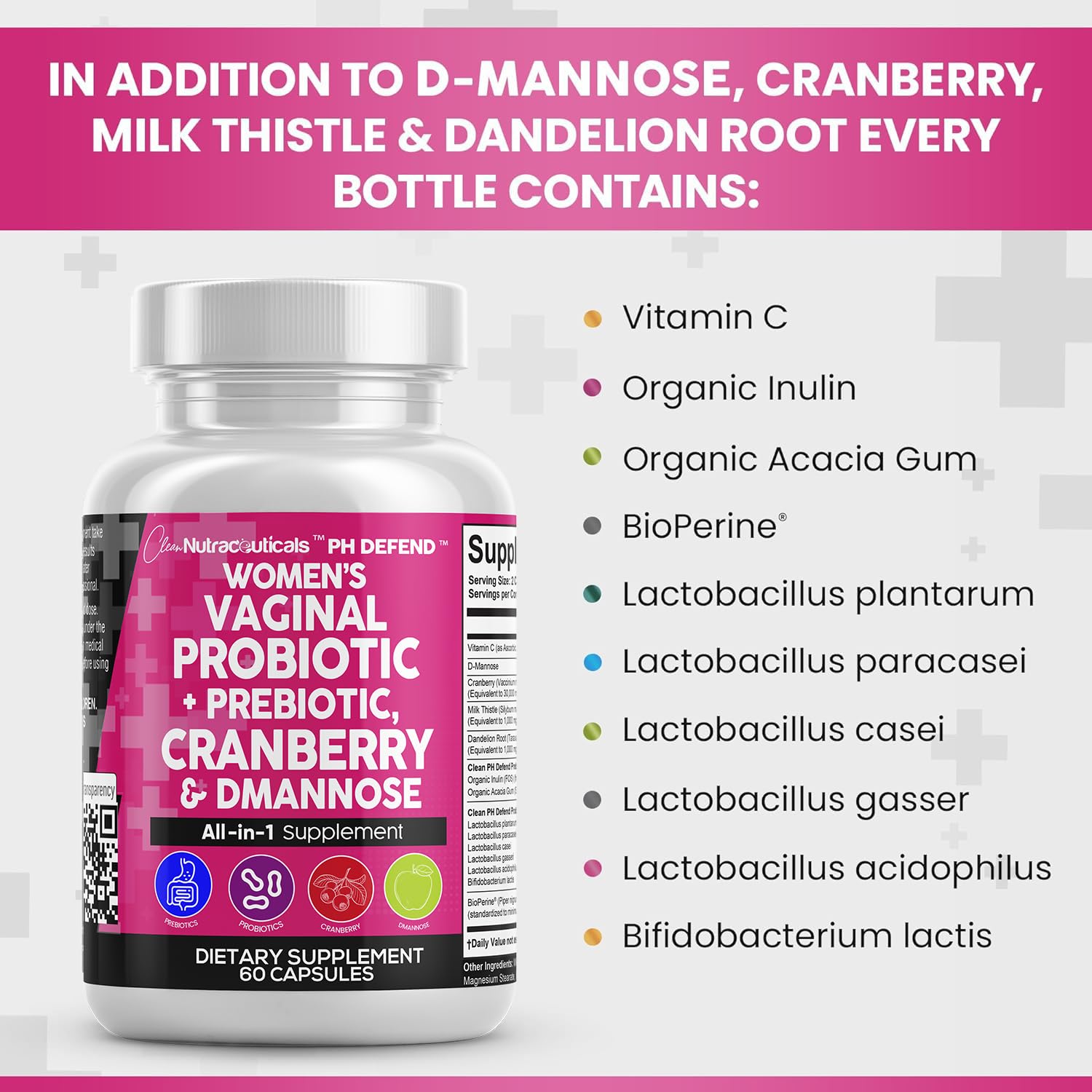 Clean Nutraceuticals Vaginal Probiotics for Women + Prebiotics 20 Billion Cranberry Pills w/D-Mannose 500 mg for Urinary Tract Health pH Balance - for Vaginal Health Supplements Pills - 1 Pack