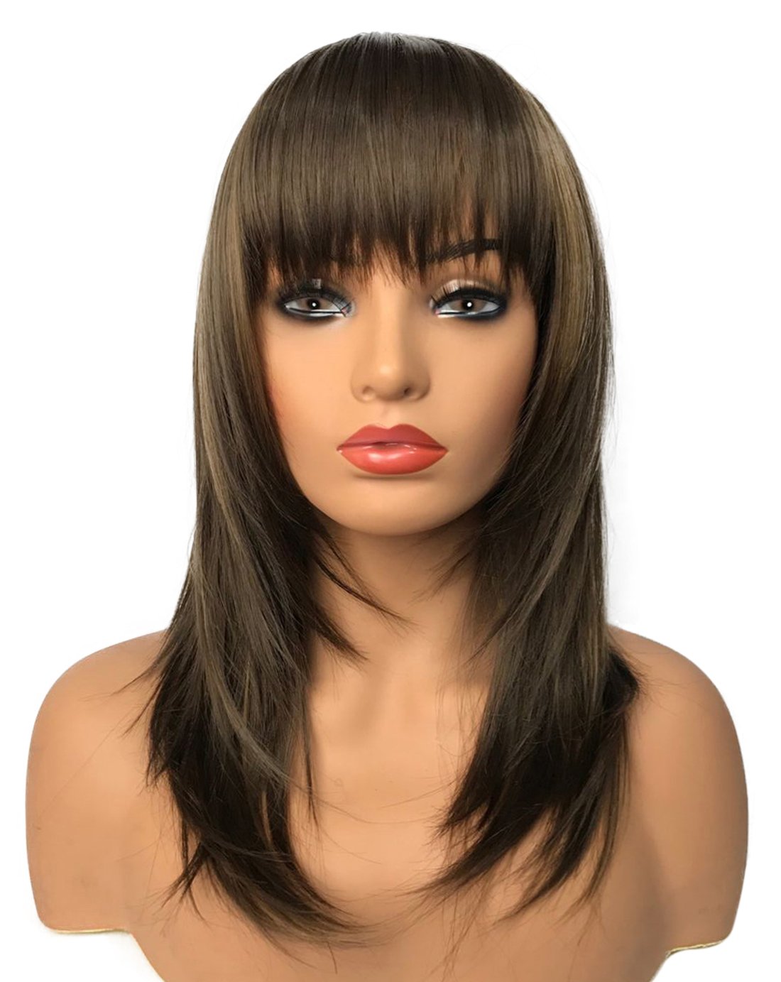 Wiginway Women Medium Straight Brown Wigs With Bangs Remy Hair Replacement Hairpieces Fashion Natural Looking 14 Inch