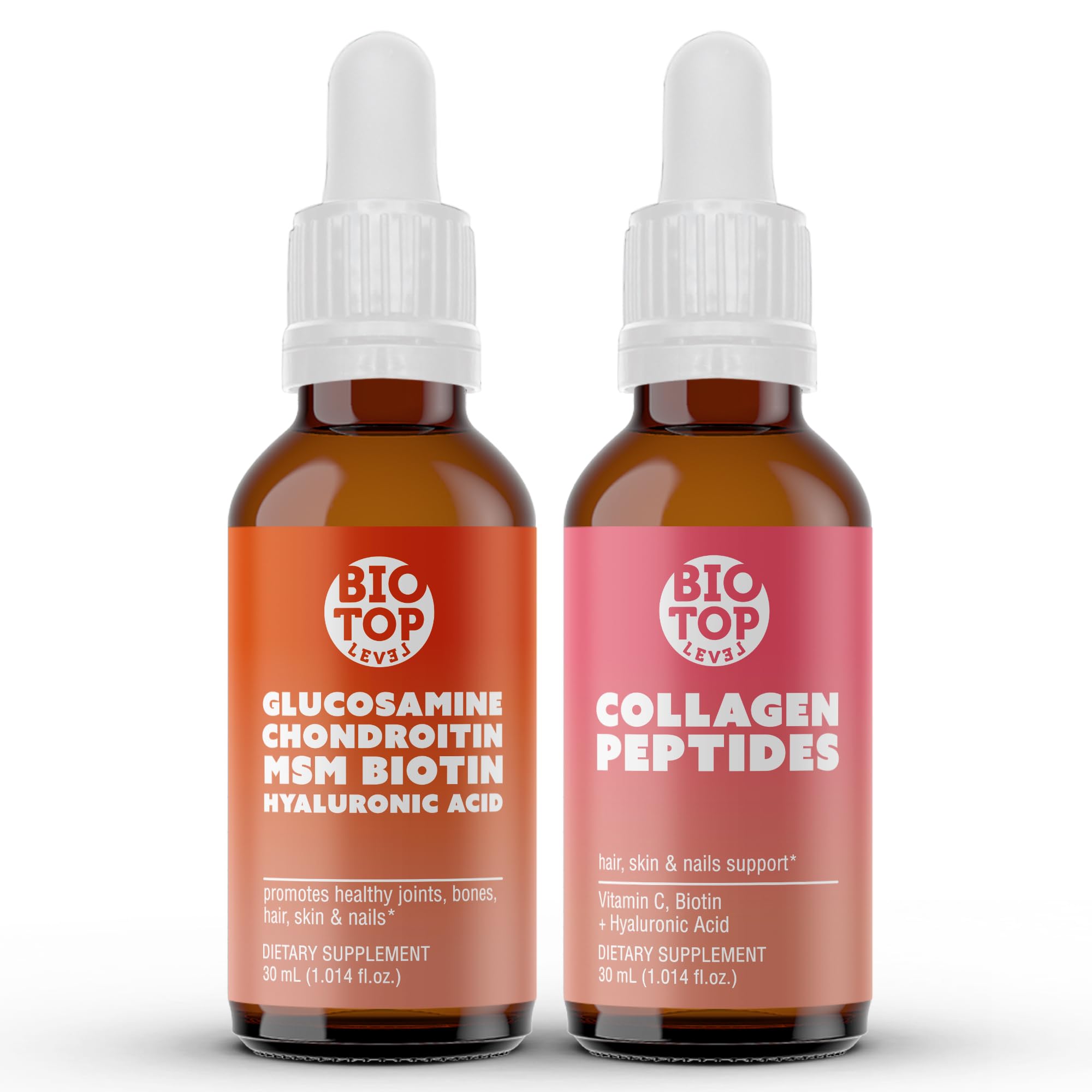 BIOTOPLEVEL Best Combination (Bundle) for The Good Health of Joints, Bones, Muscles, Hair, Skin and Nails - Glucosamine, Chondroitin, Collagen, Biotin, Hyaluronic Acid, MSM and Vitamin C