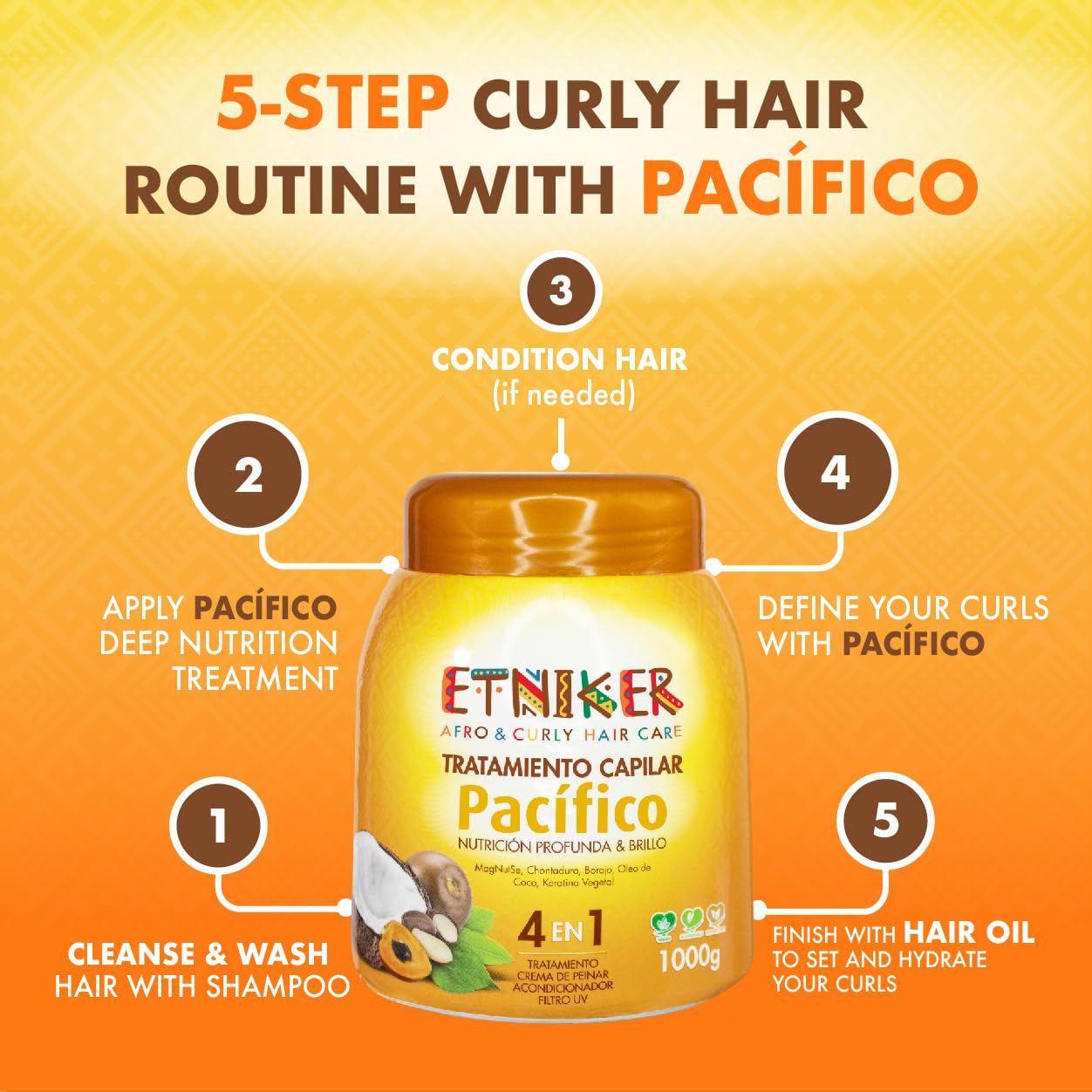 ETNIKER PACIFICO Hair Treatment for Afro, Curly & Wavy Hair | 4-in-1 Deep Conditioner, Styling Cream, UV Protection & Repair Mask | with Peach Palm, Borojo, Coconut Oil & Vegetable Keratin | 33 oz