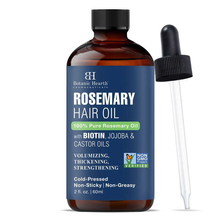 Botanic Hearth 100% Pure Rosemary Oil For Hair (2 Fl Oz) Infused With Biotin, Jojoba & Castor Oil | Hair Strengthening Treatment | Nourishing & Volumizing | Non Gmo Verified