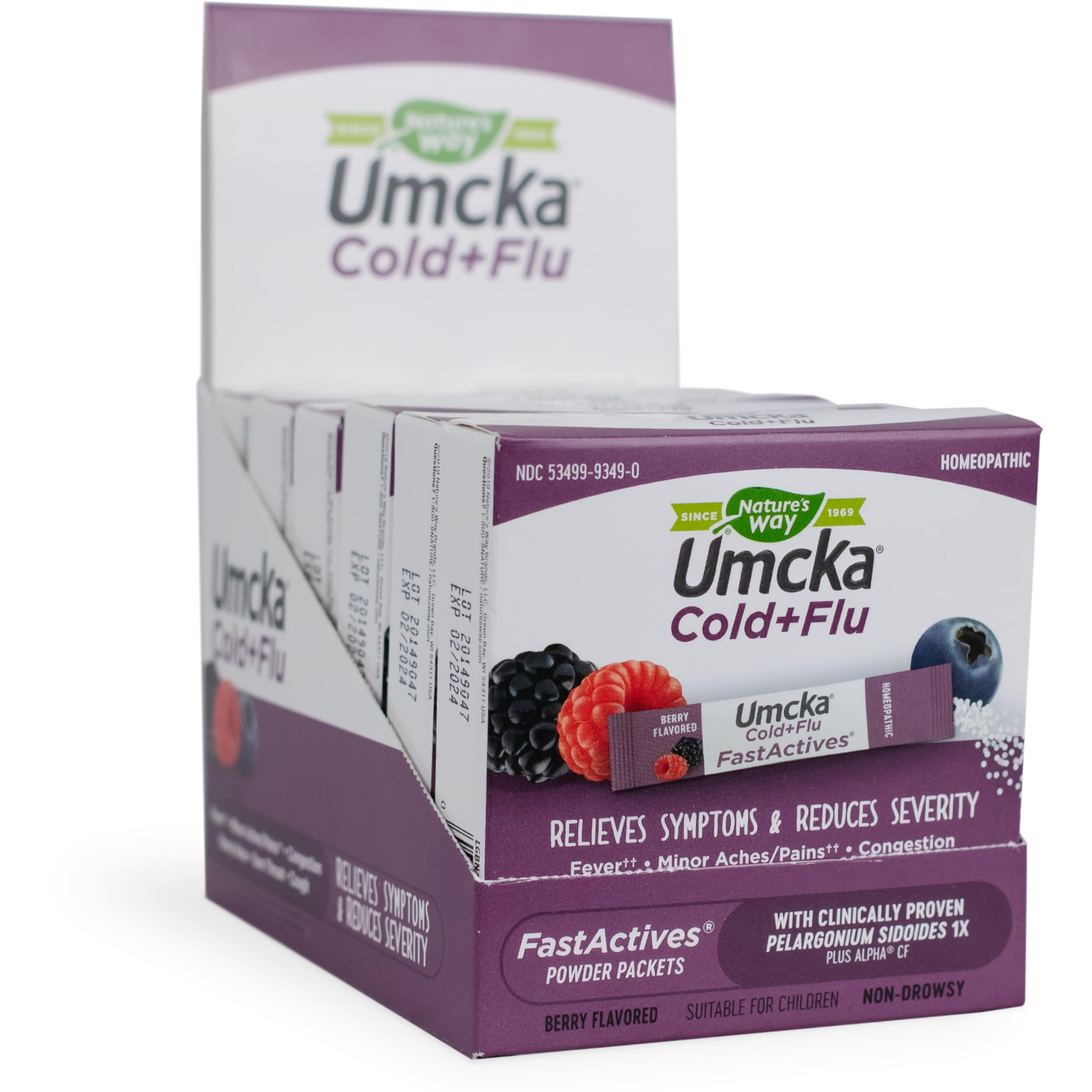 Nature's Way Umcka FastActives Cold+Flu Powder Packets, Fever††, Sore Throat, Cough, and Congestion Relief, Berry Flavored, 60 Packets