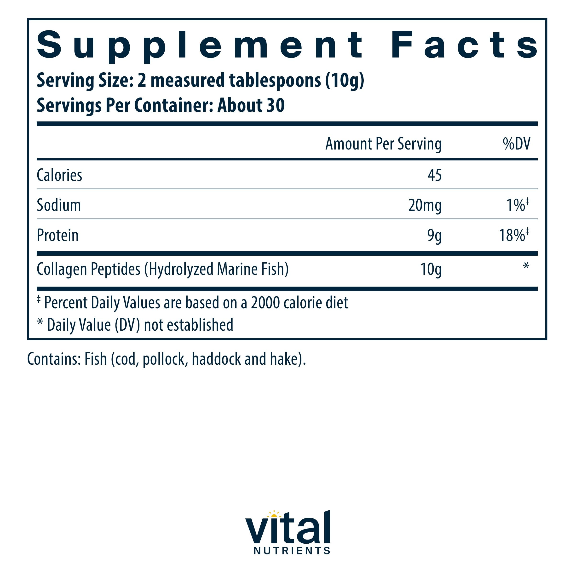 Vital Nutrients Marine Collagen Powder Unflavored | Hair, Skin, Nails, & Joint Support* | Type I & III Collagen Powder Supplement from Wild-Caught Fish | Gluten, Dairy, Soy Free | 300 Grams