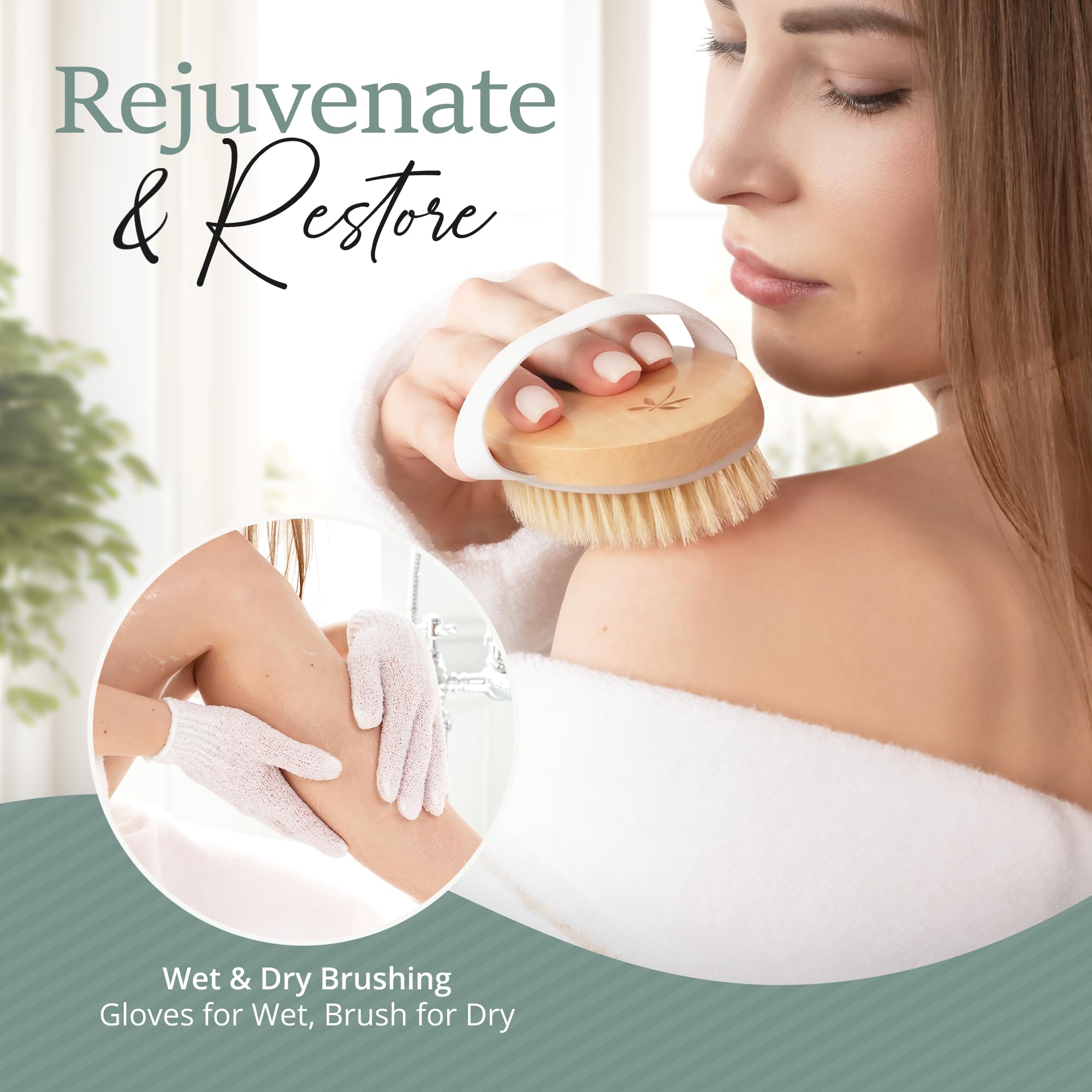 Premium Dry Brushing Body Brush Set- Natural Boar Bristle Body Brush