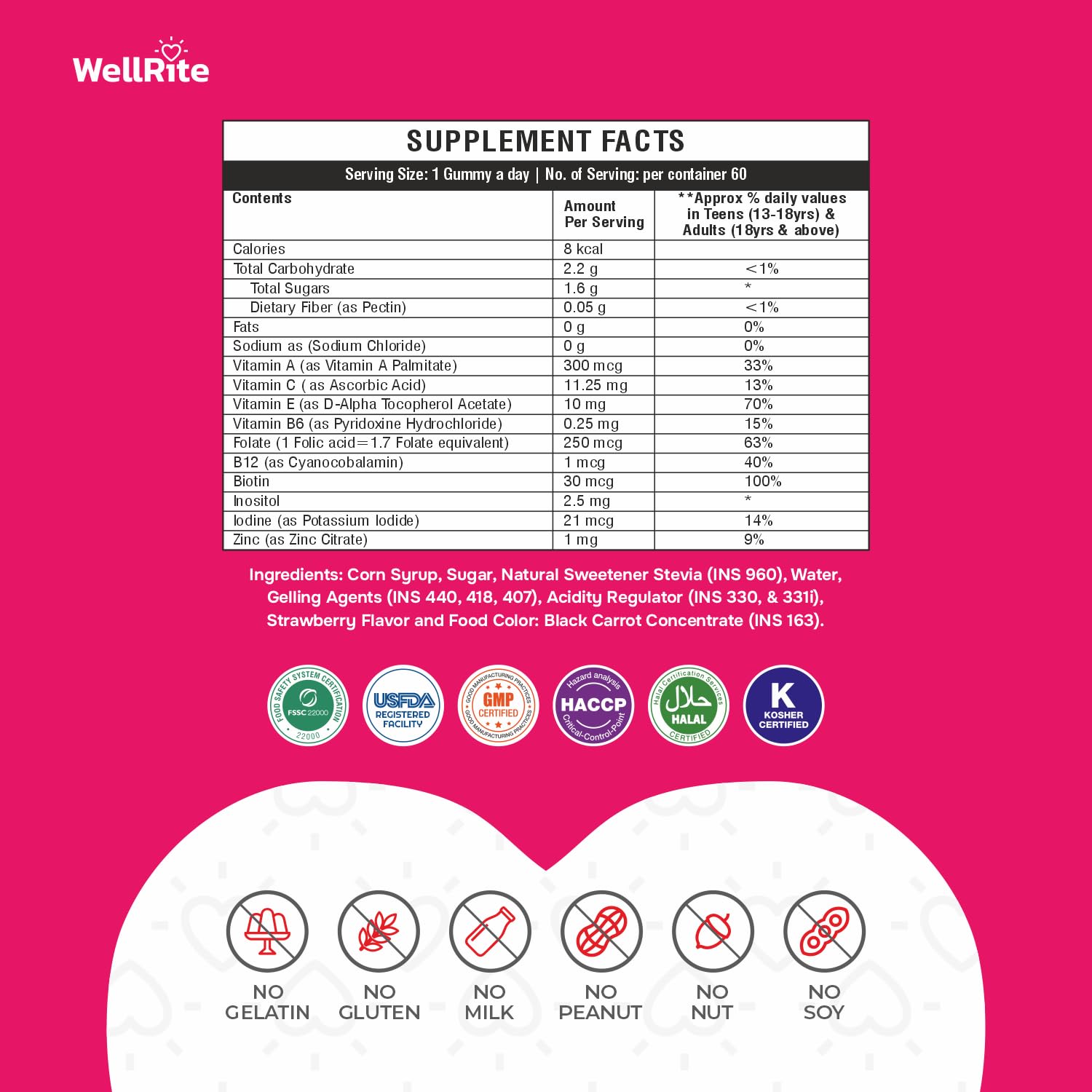 Wellrite Hair, Skin & Nail Gummy Vitamins, 60 Count, Strawberry Flavored, Vegan, Gelatin Free, Gluten Free, Nut Free, Long Hair, Shiny Skin, Healthy Nails, Cell Growth & Repair