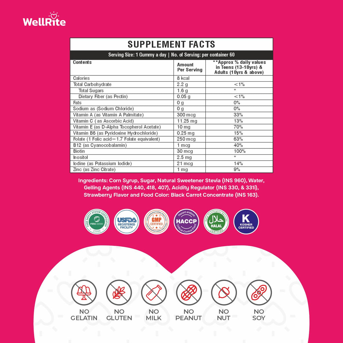 Wellrite Hair, Skin & Nail Gummy Vitamins, 60 Count, Strawberry Flavored, Vegan, Gelatin Free, Gluten Free, Nut Free, Long Hair, Shiny Skin, Healthy Nails, Cell Growth & Repair
