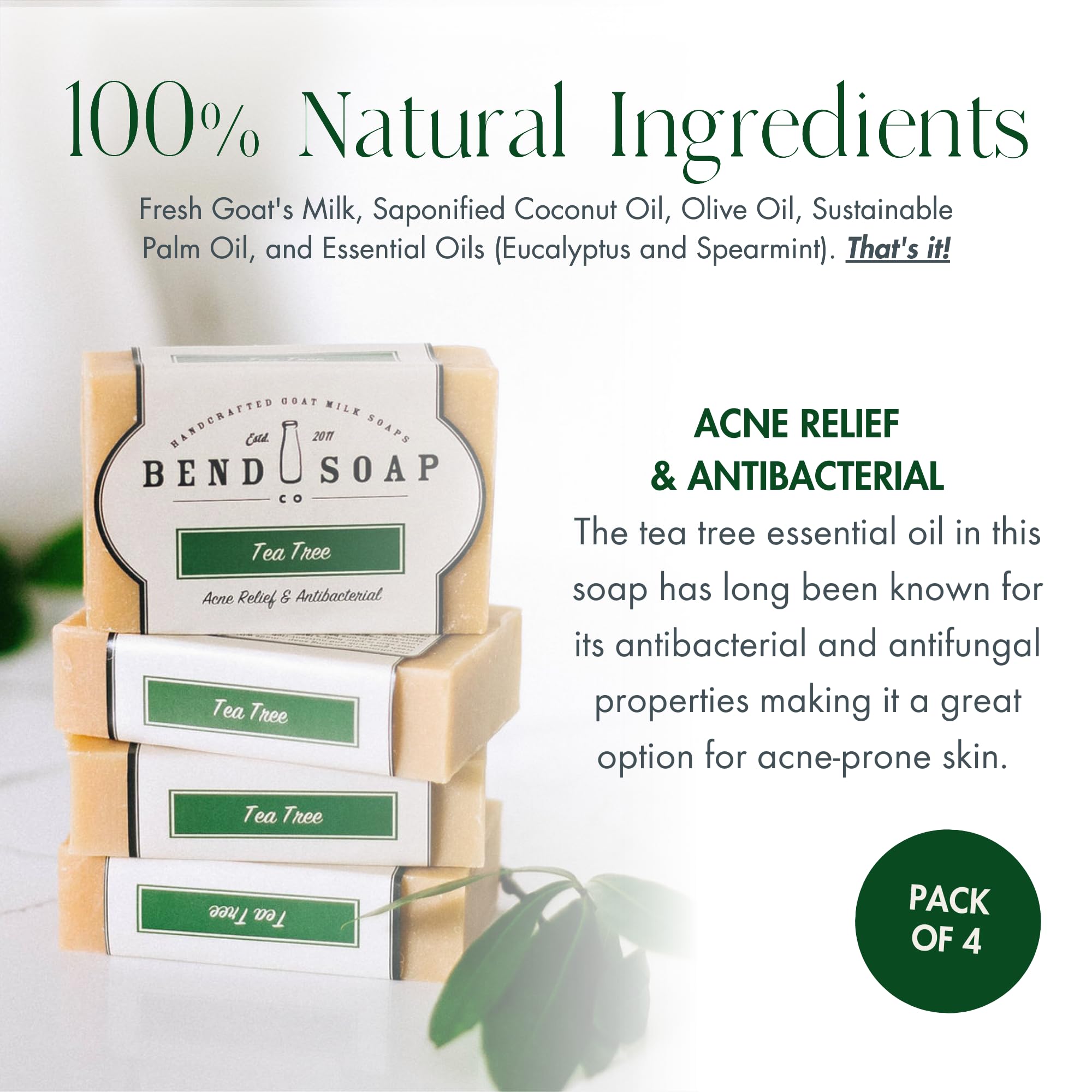 Bend Soap Company All Natural Handmade Goat Milk Soap for Dry Skin Relief, Tea Tree, 4 Count
