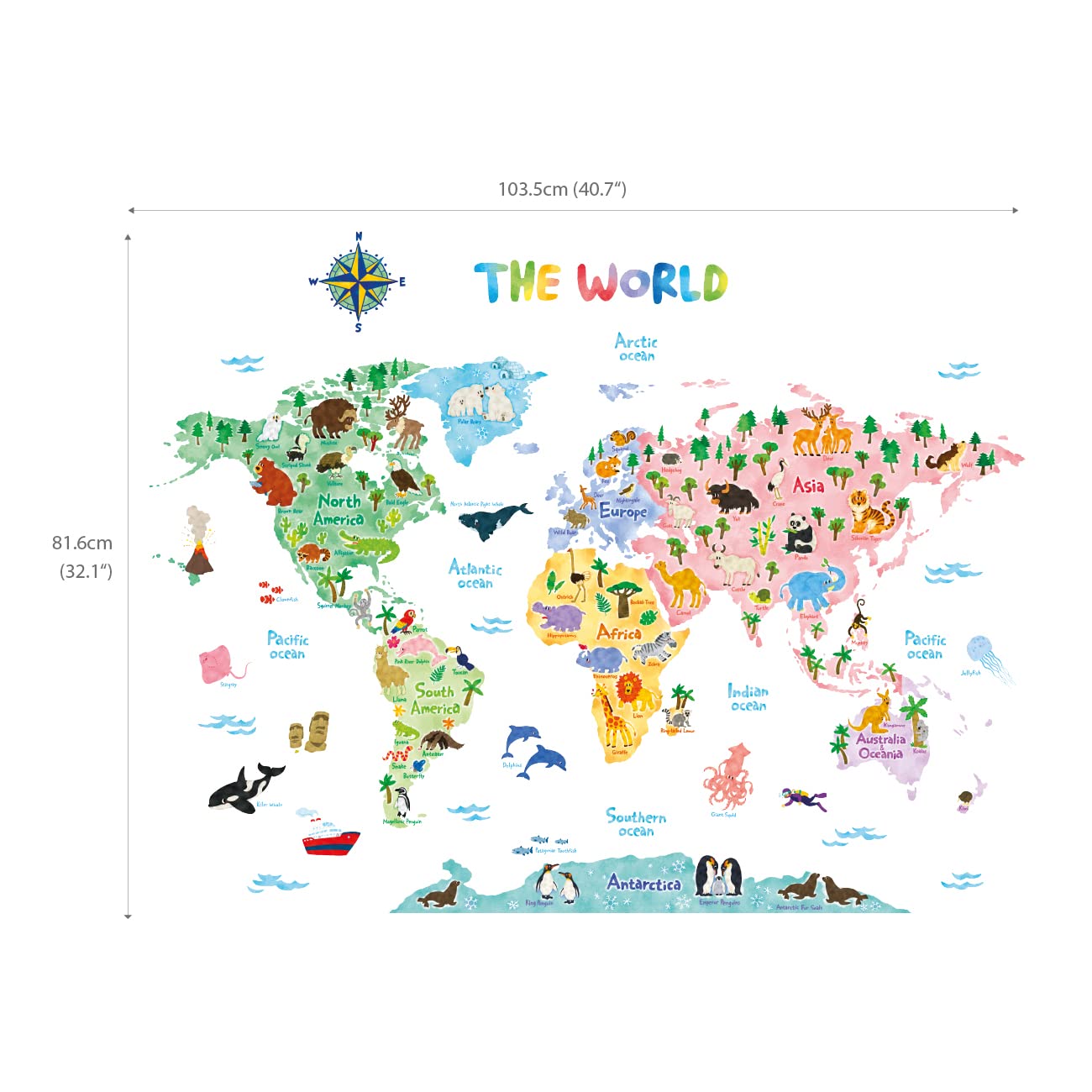 DECOWALL SG2-1615S Animal World Map Kids Wall Decals Wall Stickers Peel and Stick Removable Wall Stickers for Kids Nursery Bedroom Living Room (Large)