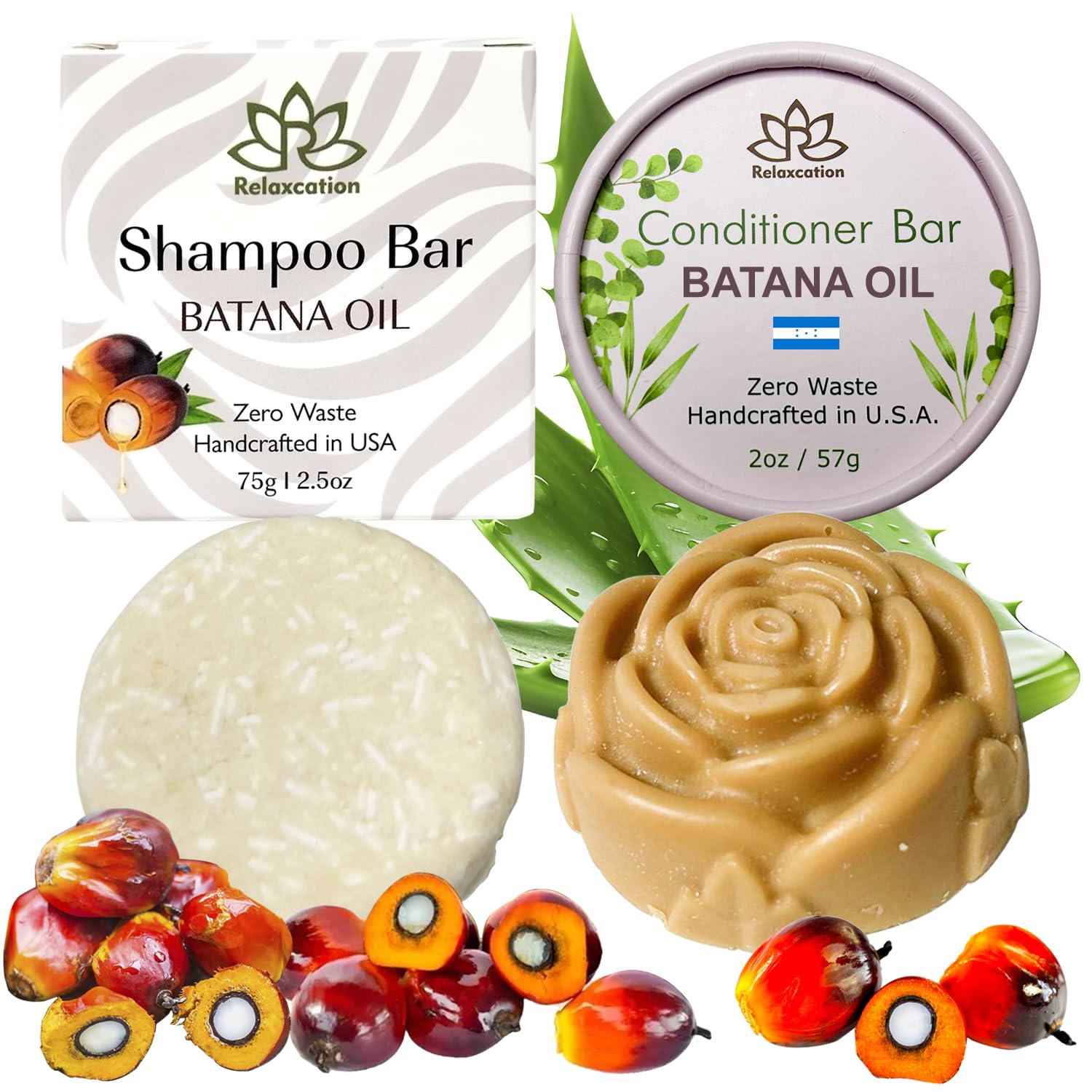 Relaxcation MADE IN USA Batana Oil Solid Shampoo Bar and Conditioner Bar for Hair Growth, Reduces Hair Loss, Hydrates Dry Hair, Improves Scalp Health Handcrafted in USA, Travel-Friendly