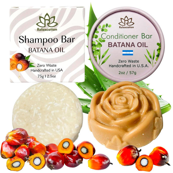 Relaxcation MADE IN USA Batana Oil Solid Shampoo Bar and Conditioner Bar for Hair Growth, Reduces Hair Loss, Hydrates Dry Hair, Improves Scalp Health Handcrafted in USA, Travel-Friendly