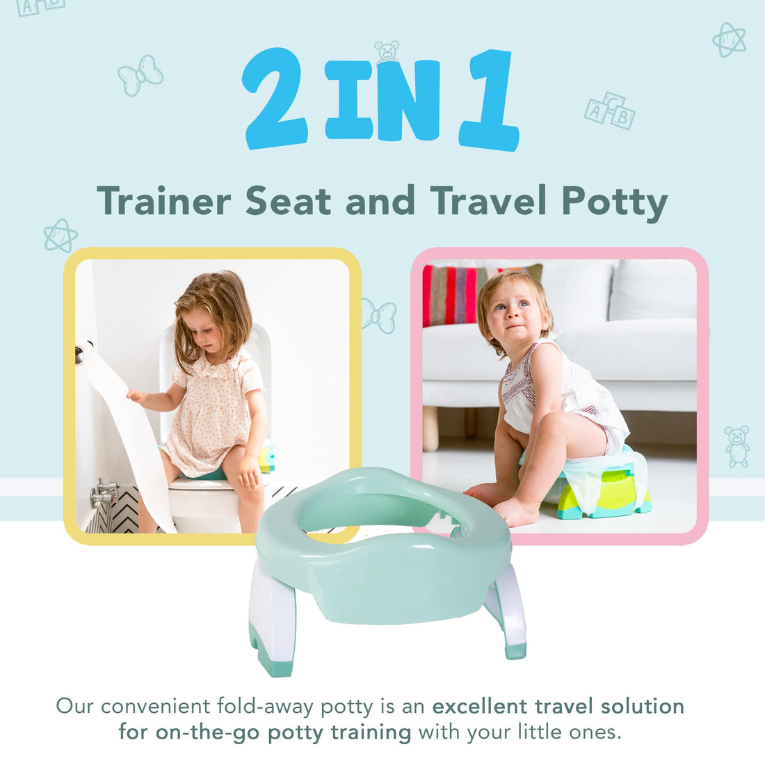 Kalencom Potette Plus 2-in-1 Travel Potty and Trainer Seat - Dual-Purpose Potty Training Toilet Seat - Portable Potty for Toddler Travel - with Durable, Lock-in Legs and Splash Guard - Pastel Mint