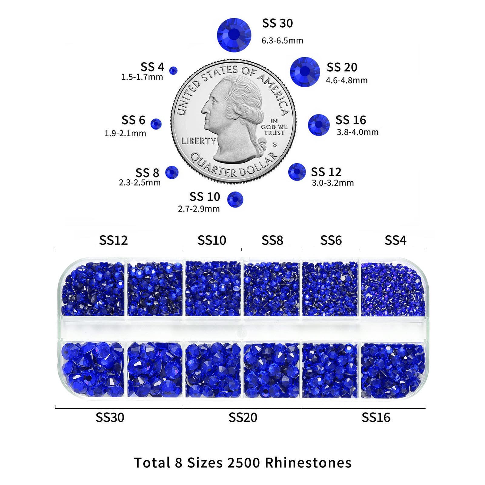 Beadsland 2500pcs Blue Rhinestones, Flatback Gems Round Crystal Rhinestones for Crafts Mixed 8 Sizes SS4~SS30 with Picking Tweezer and Pen (Sapphire)