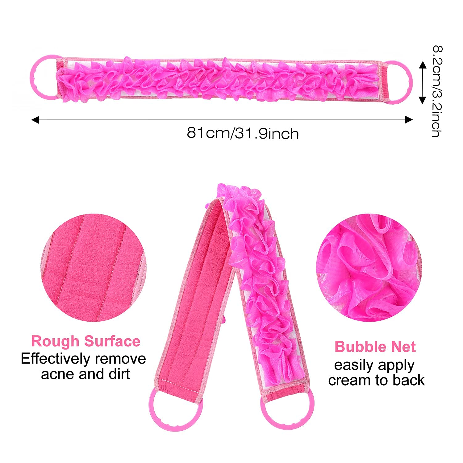 3 PACK Double-Sided Bath Scrubber, Back Scrub Loofah, Long Shower Washcloth With Handle, Pouf Lotion Cream Skin Issue Medicinal lotion Summer Beach Sunscreen Applicator (3 PACK Back Scrubber)