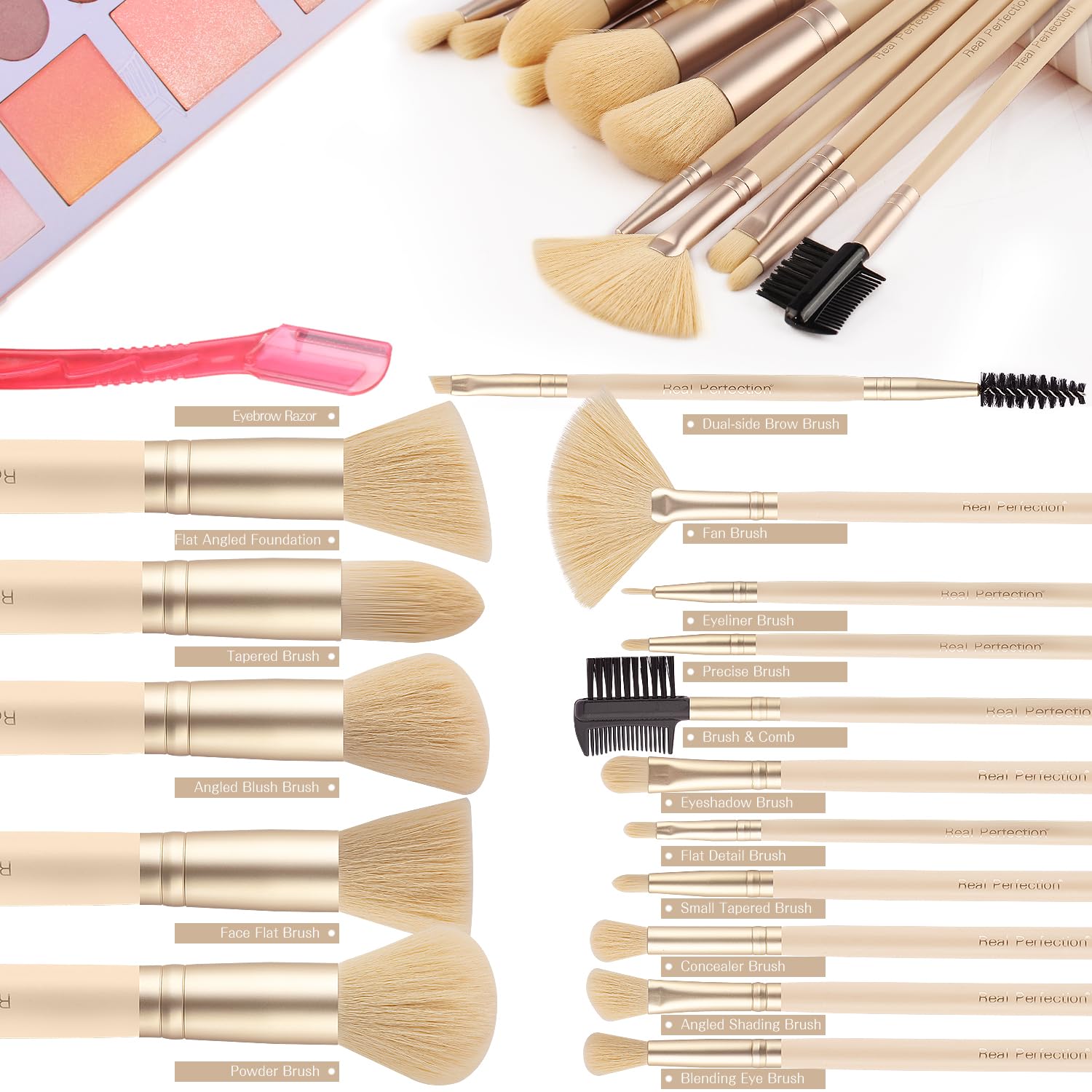Real Perfection Makeup Brush Set 16 Pcs with 1 Eyebrow Razor Premium Synthetic Foundation Powder Concealers Eyeshadow Blush Makeup Brushes Make up Brushes Kit (Beige)