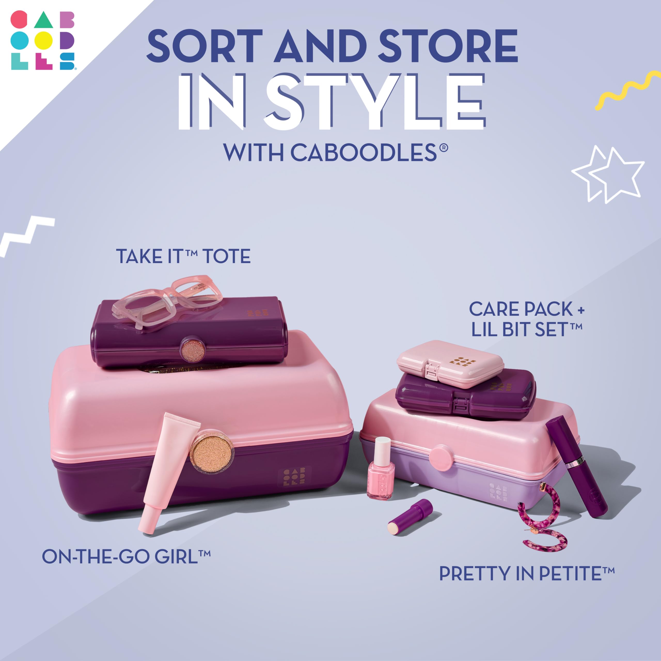 Caboodles Stay Retro - Pretty In Petite Makeup Organizer | Compact Carrying Cosmetic Case, Periwinkle Blue Over Pink