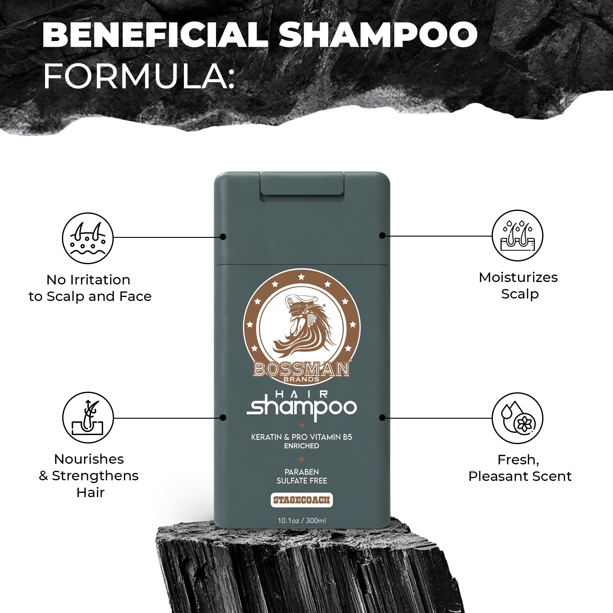 Bossman Hair Shampoo for Men – Natural Moisturizing Men's Shampoo with Keratin & Vitamin Pro5 Enriched - Paraben & Sulfate Free (Stagecoach Scent)