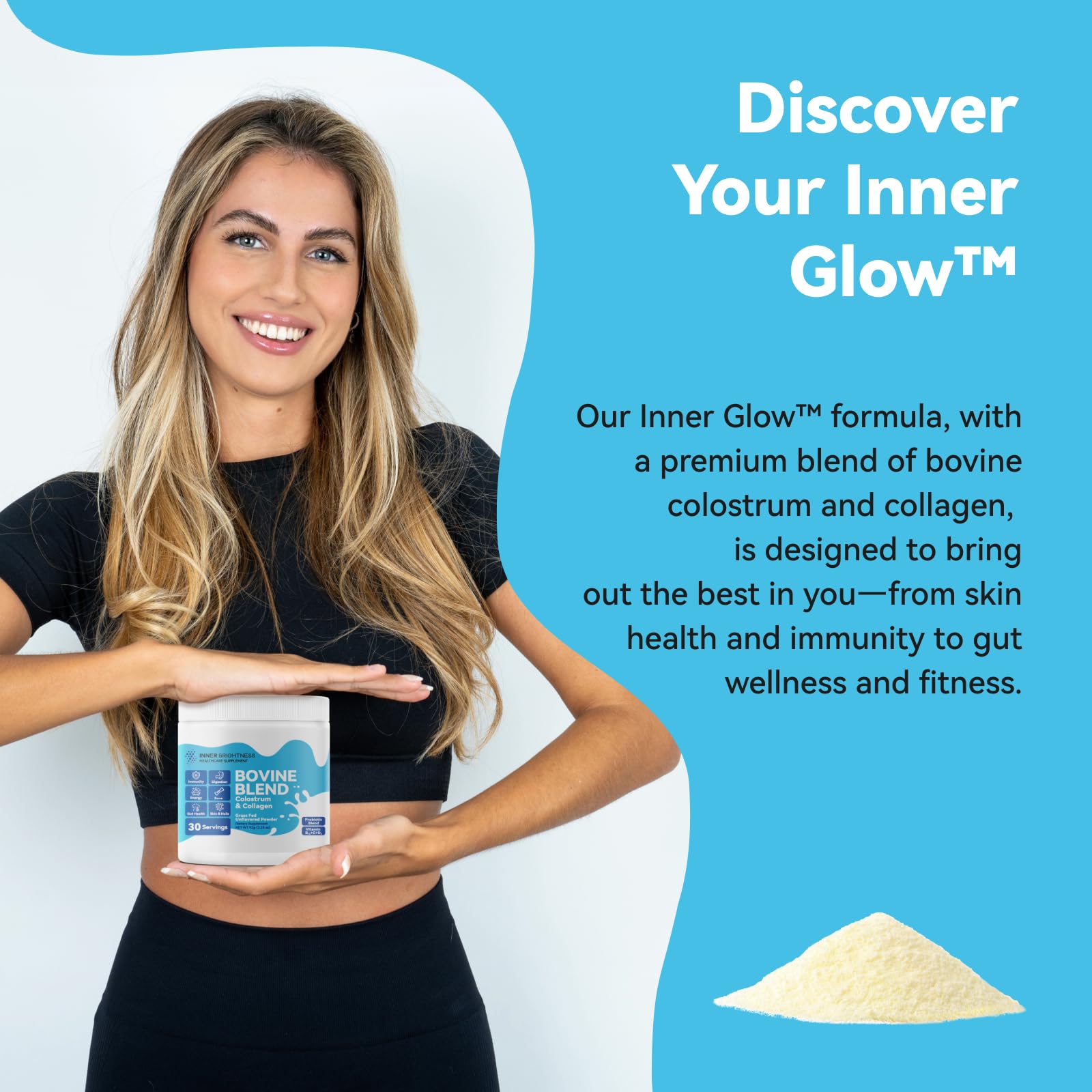 Inner Brightness Bovine Colostrum & Collagen Powder for Gut Health, Immune Support, Hair Growth & Beauty Supplement, Sugar Free – IgG, Probiotics, Vitamin B12, C, D3 – Unflavored, 30 Servings