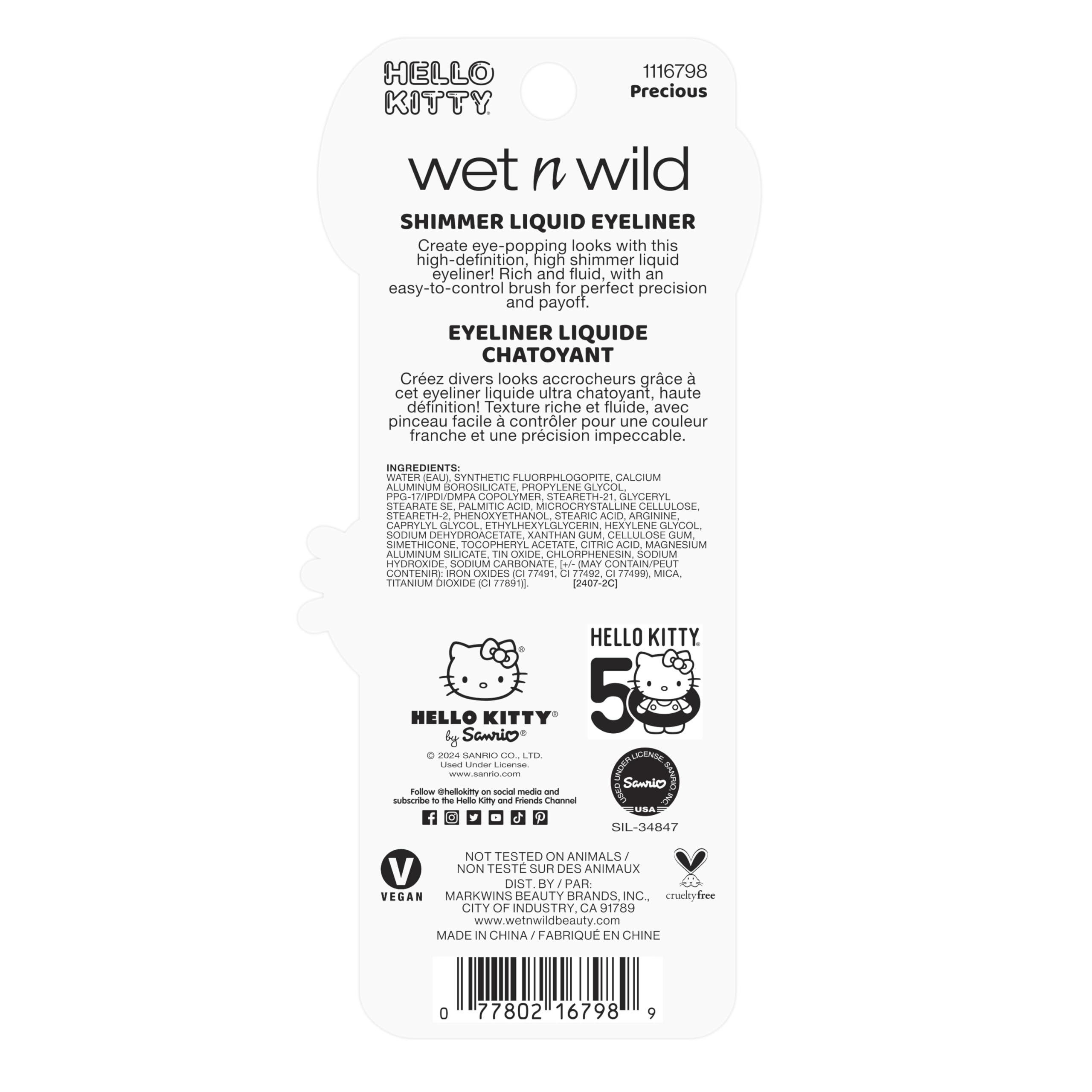 wet n wild Hello Kitty Shimmer Liquid Eyeliner, Richly Pigmented Iridescent Pearl Particles, Smooth & Easy Brush Application, Cruelty-Free & Vegan - Precious