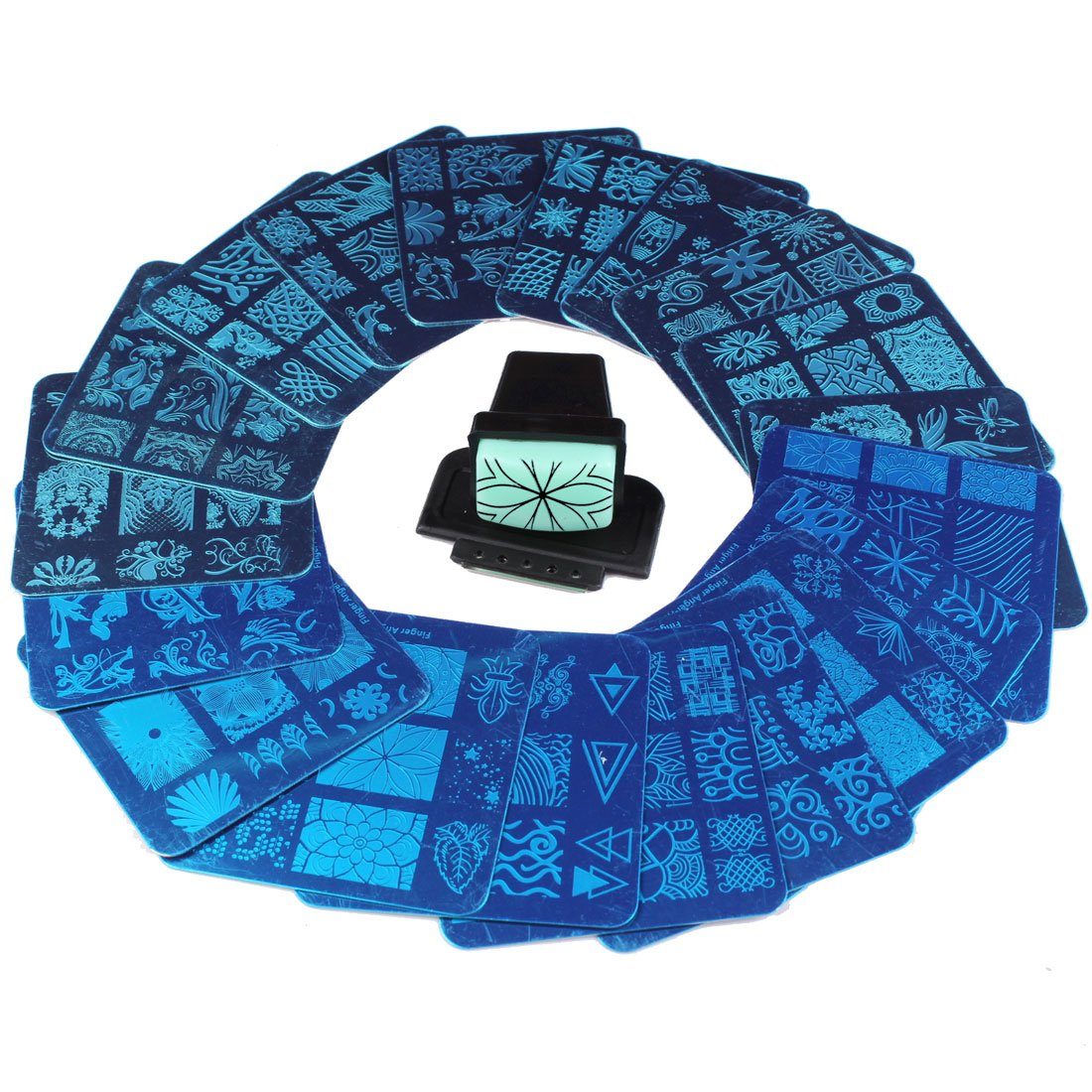 Finger Angel 20 Pcs Different Design Nail Art Stamping Plates + 1 Pcs Square Green Rubber Stamper DIY Nail Art Image Stamp Plates Manicure Template Nail Art Tools